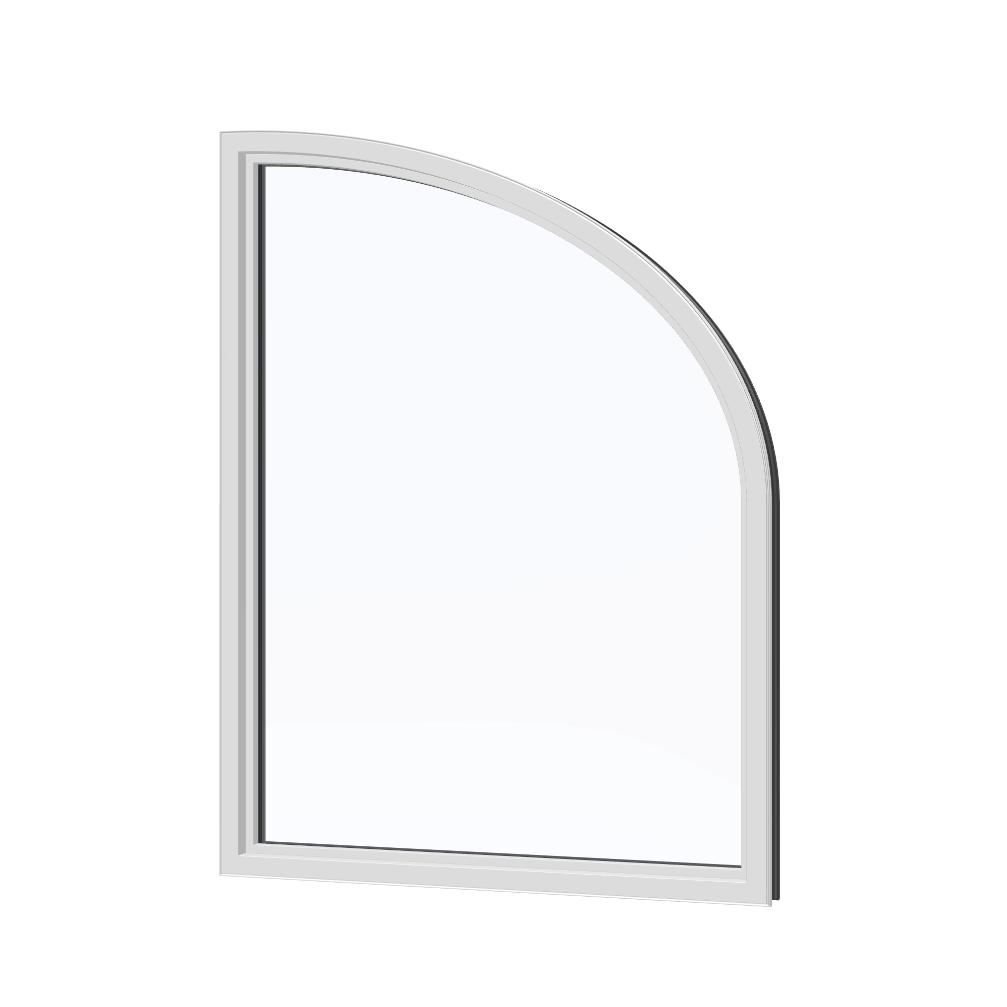 Angled interior view of the 36 × 48 inch raised partial ellipse (left), black exterior / white interior, without nailing flange
