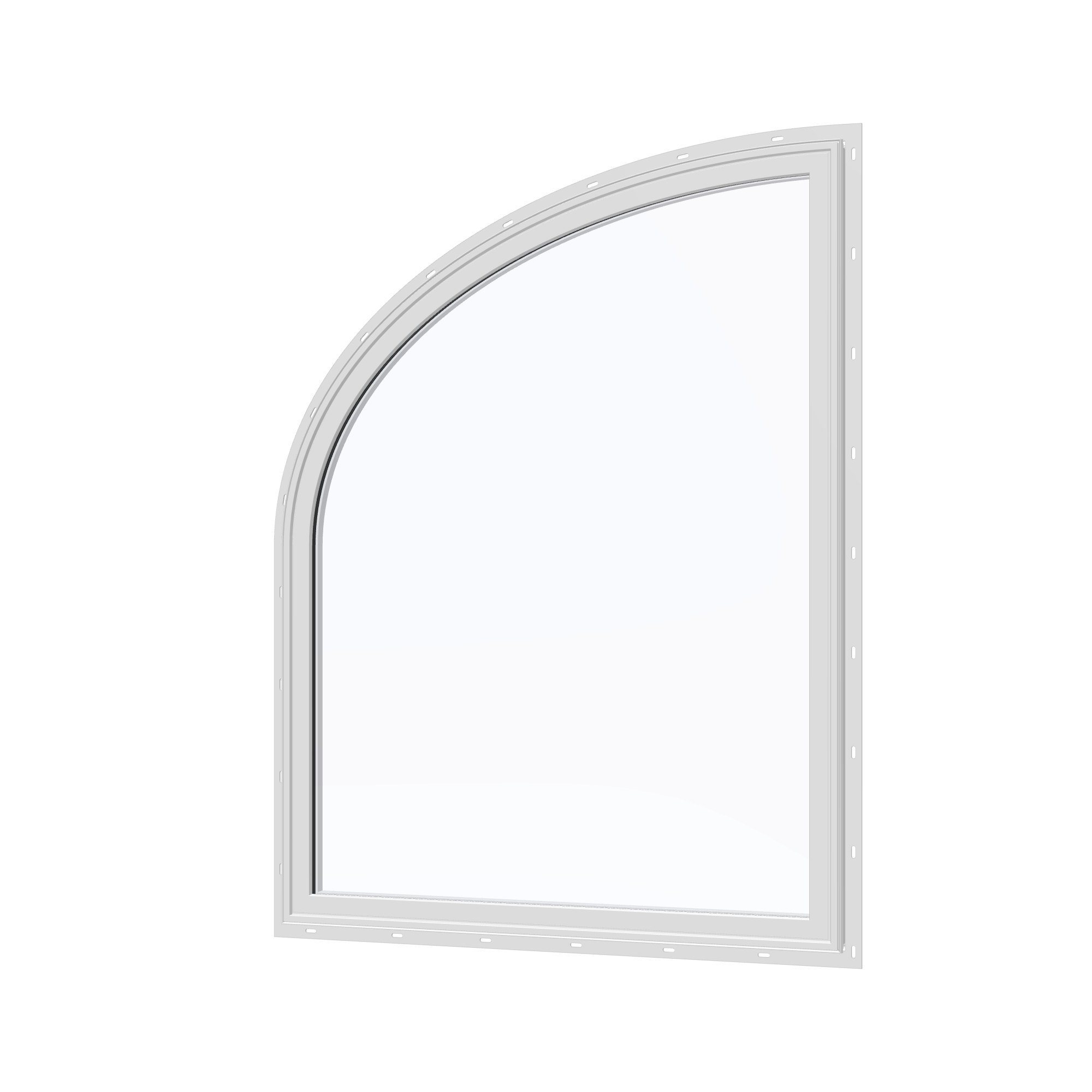 Angled exterior view of the 36 × 48 inch raised partial ellipse (left), white exterior / white interior, with nailing flange