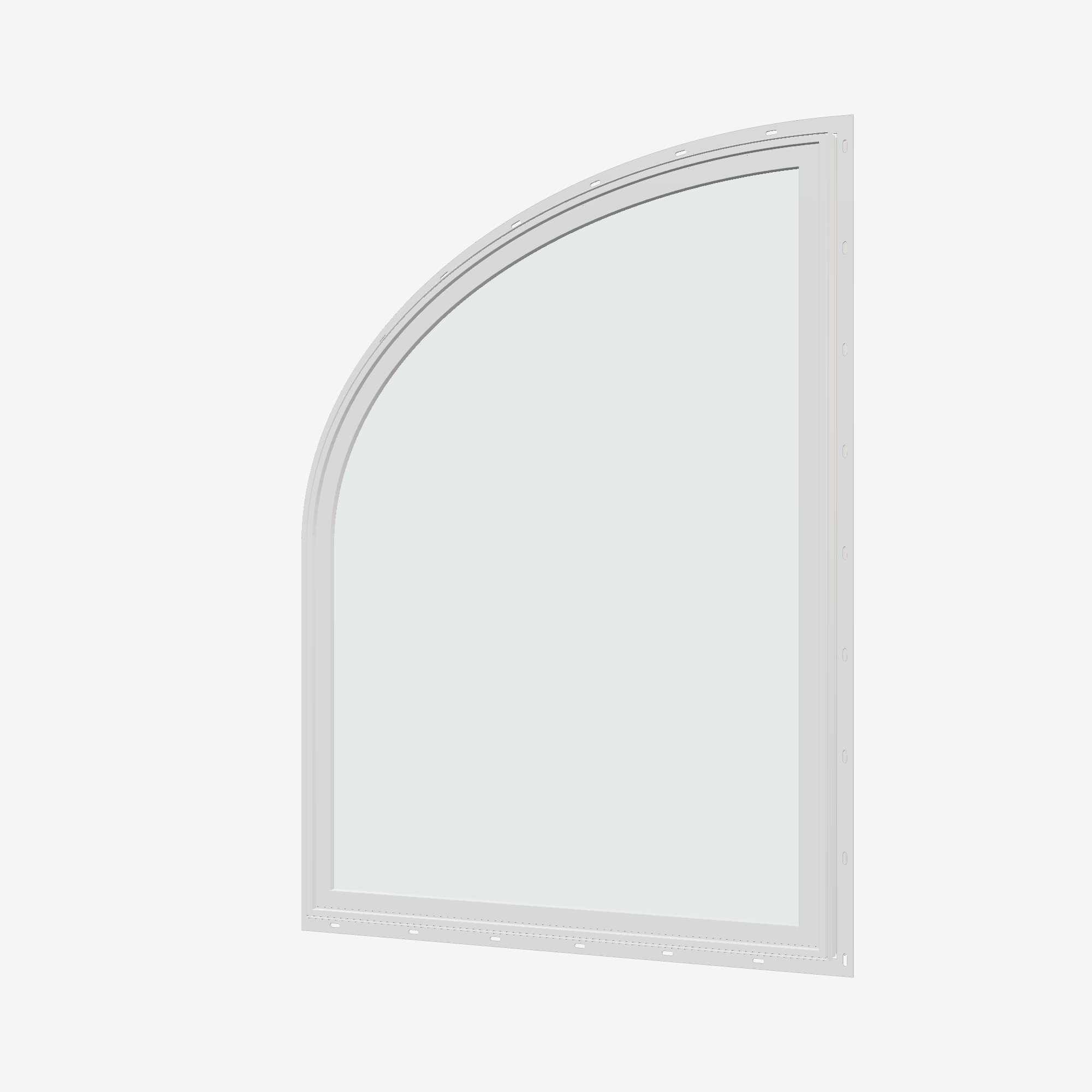 Angled exterior view of the 36 × 48 inch raised partial ellipse (left), white exterior / white interior, with nailing flange