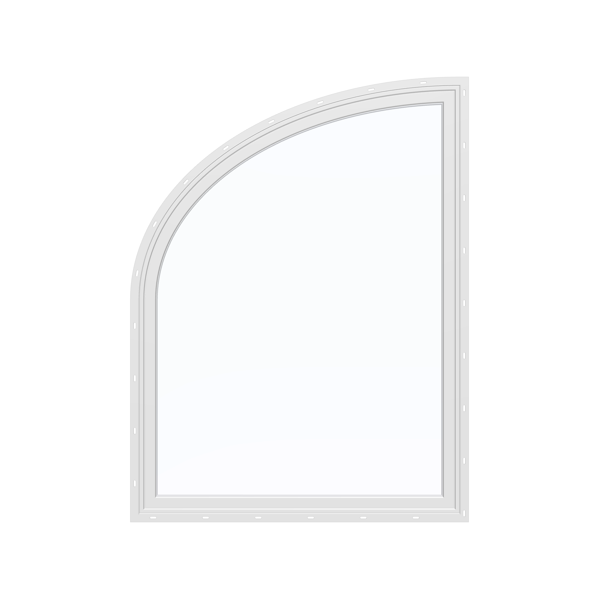 Straight exterior view of the 36 × 48 inch raised partial ellipse (left), white exterior / white interior, with nailing flange