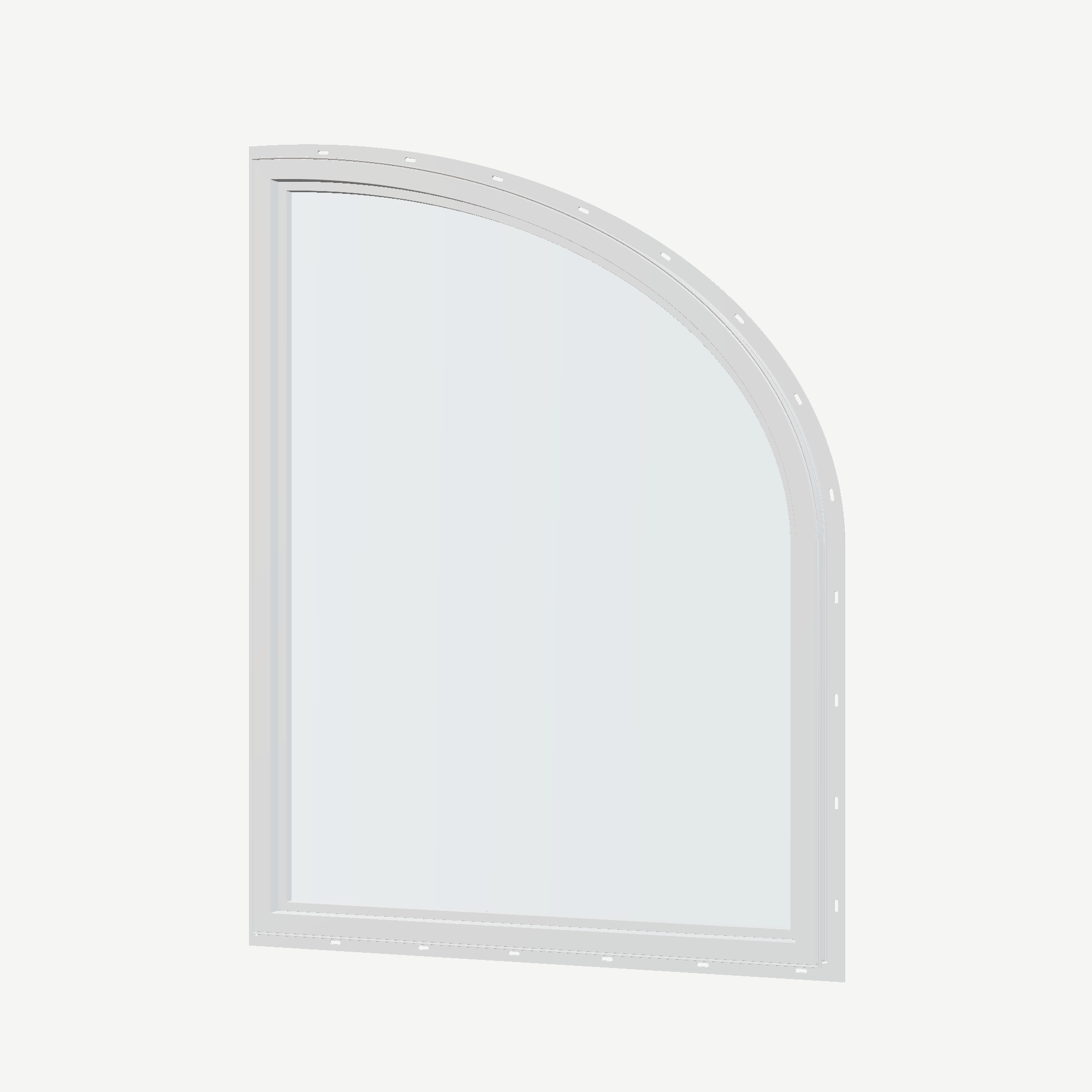 Angled interior view of the 36 × 48 inch raised partial ellipse (left), white exterior / white interior, with nailing flange