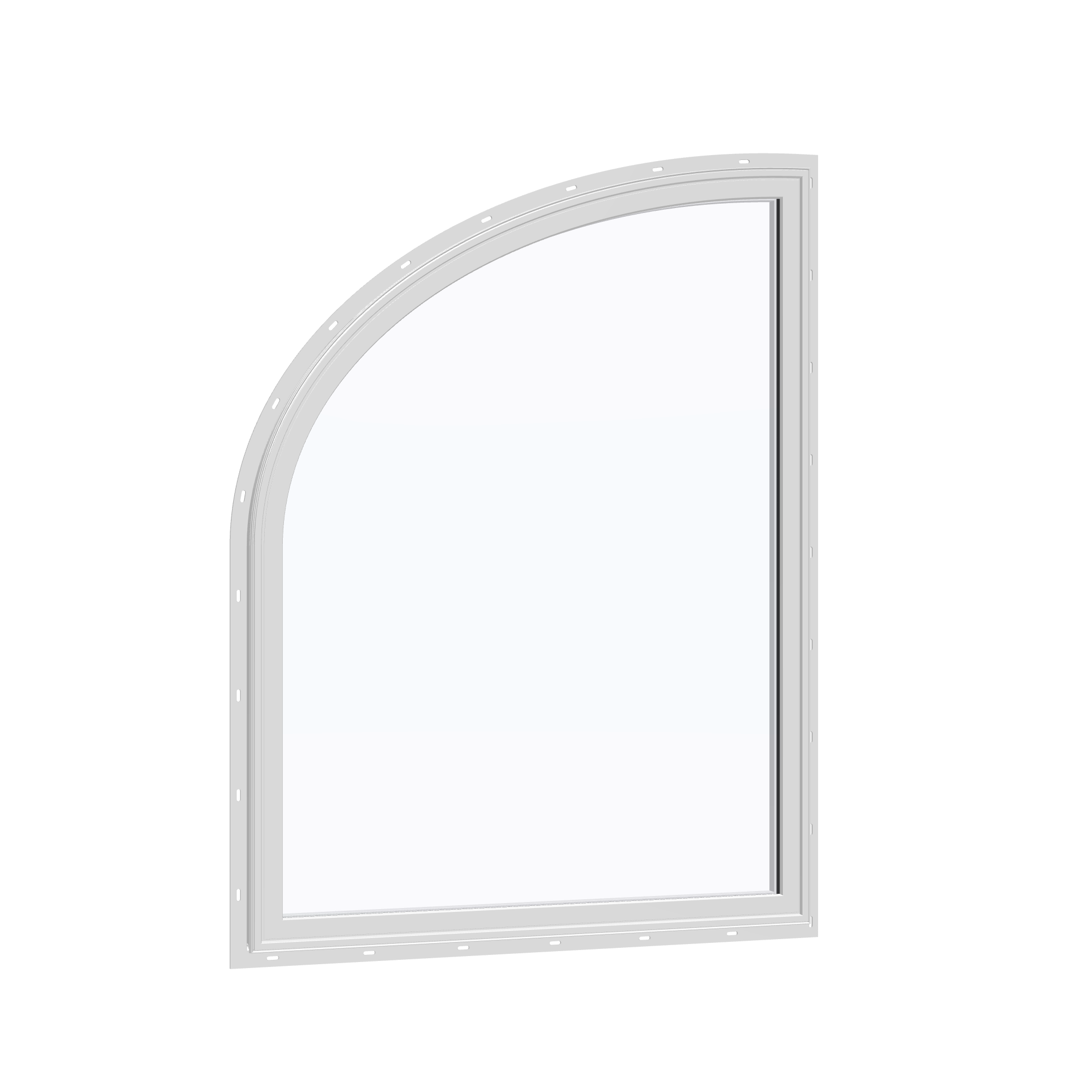 Opposite exterior angle of the 36 × 48 inch raised partial ellipse (left), white exterior / white interior, with nailing flange