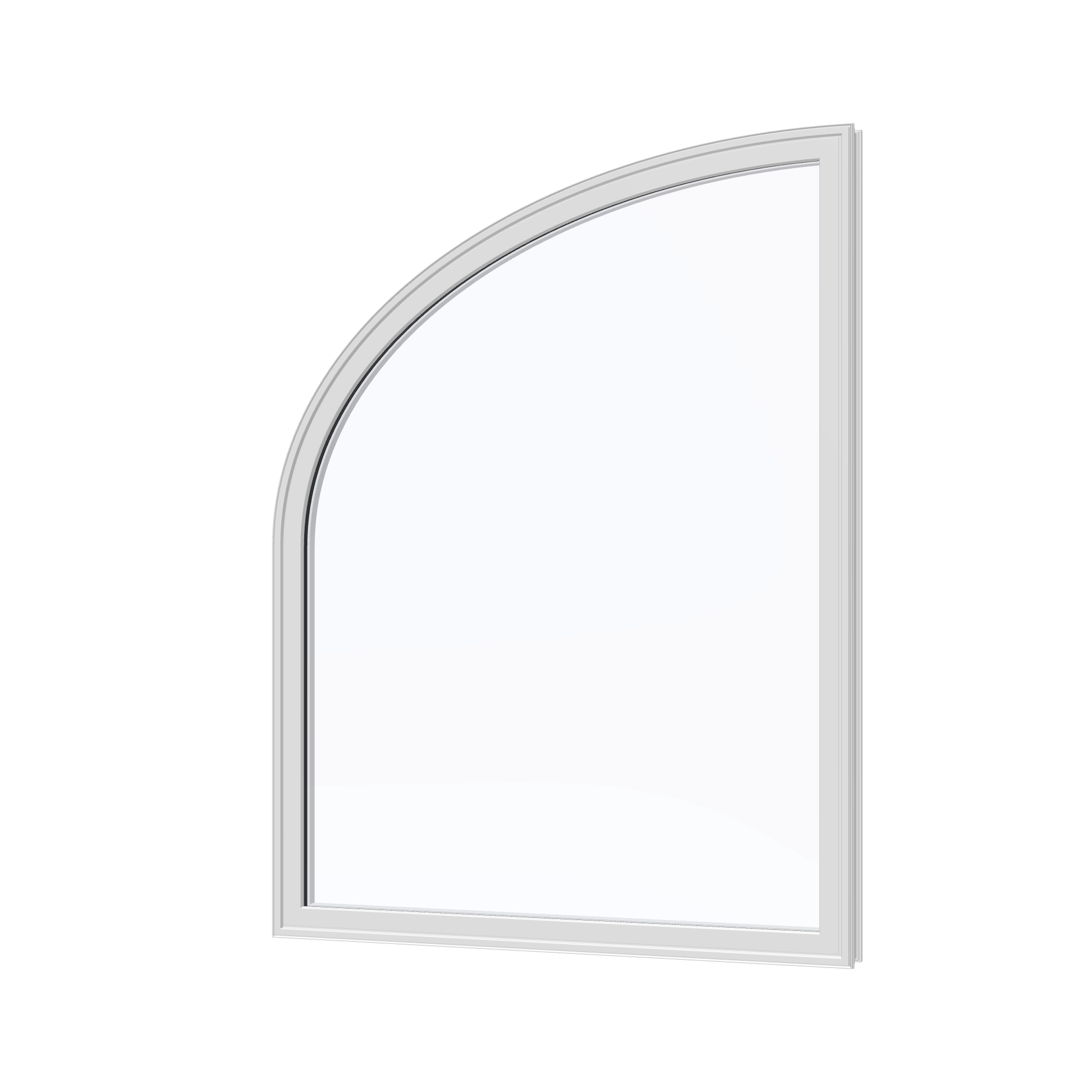 Angled exterior view of the 36 × 48 inch raised partial ellipse (left), white exterior / white interior, without nailing flange