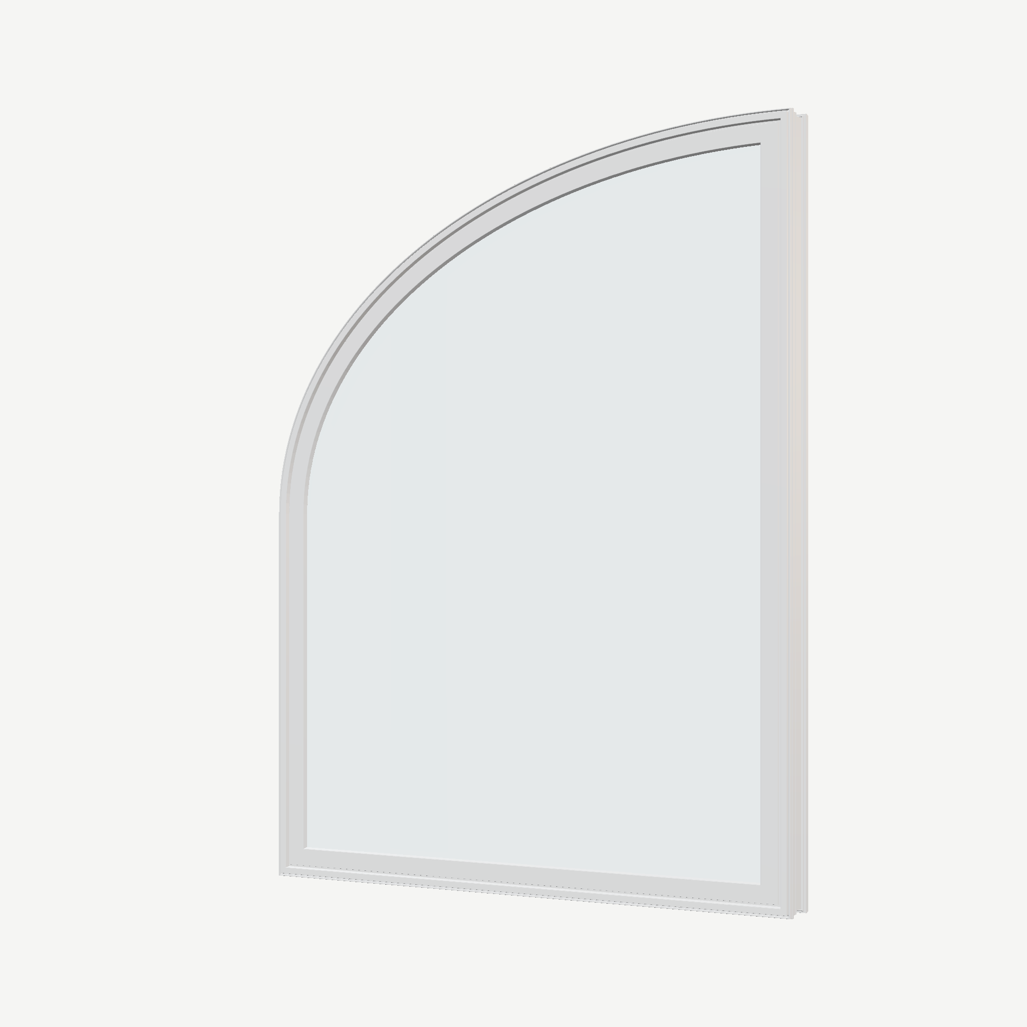 Angled exterior view of the 36 × 48 inch raised partial ellipse (left), white exterior / white interior, without nailing flange