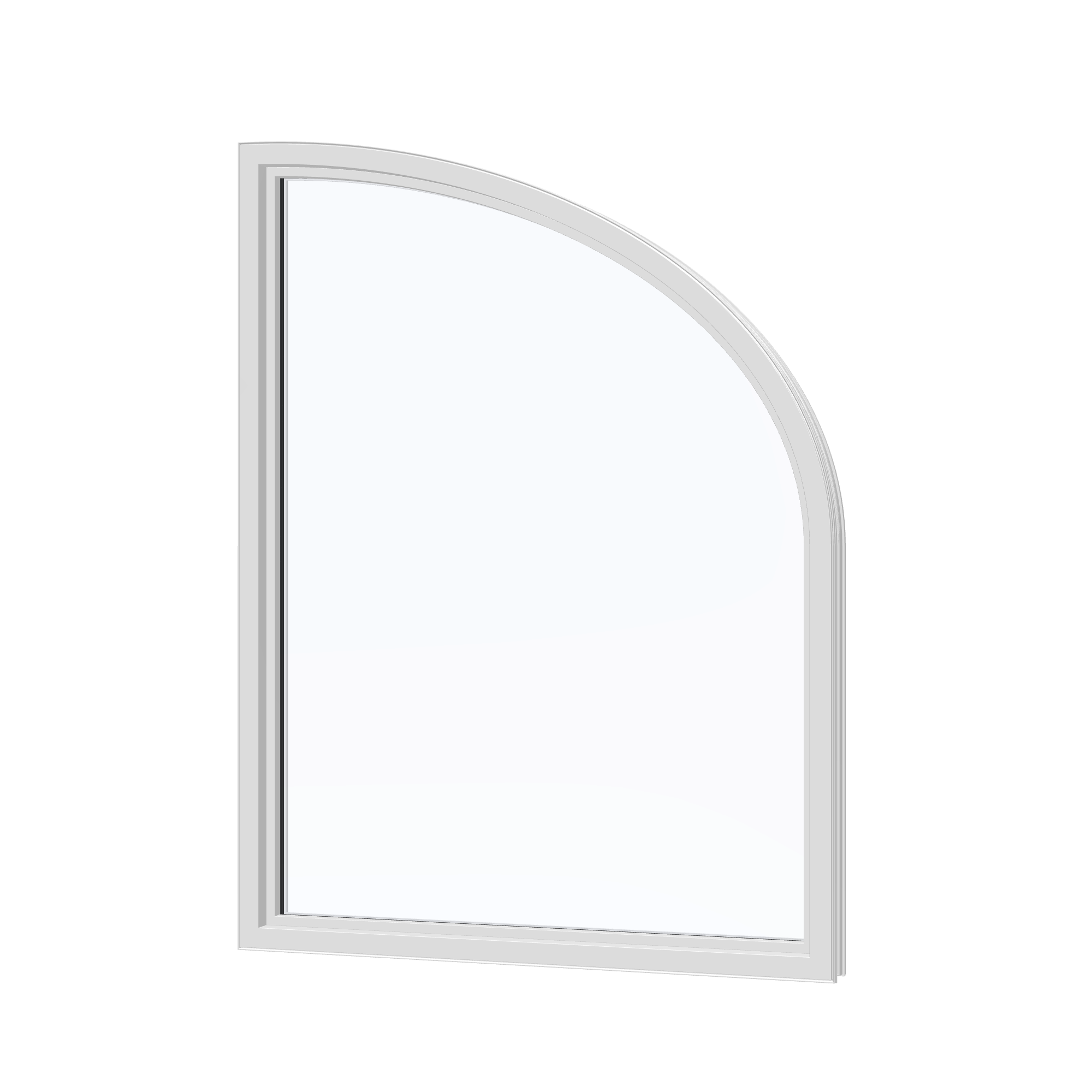 Angled interior view of the 36 × 48 inch raised partial ellipse (left), white exterior / white interior, without nailing flange