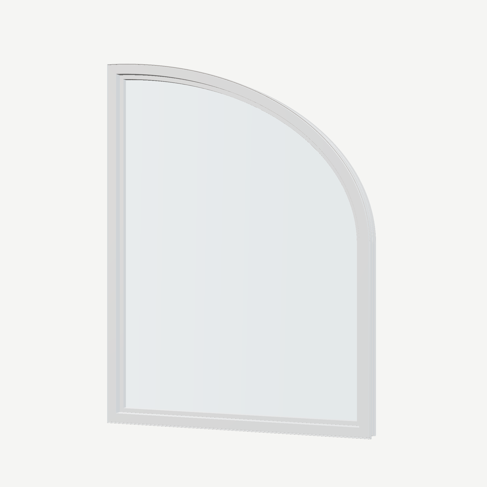 Angled interior view of the 36 × 48 inch raised partial ellipse (left), white exterior / white interior, without nailing flange