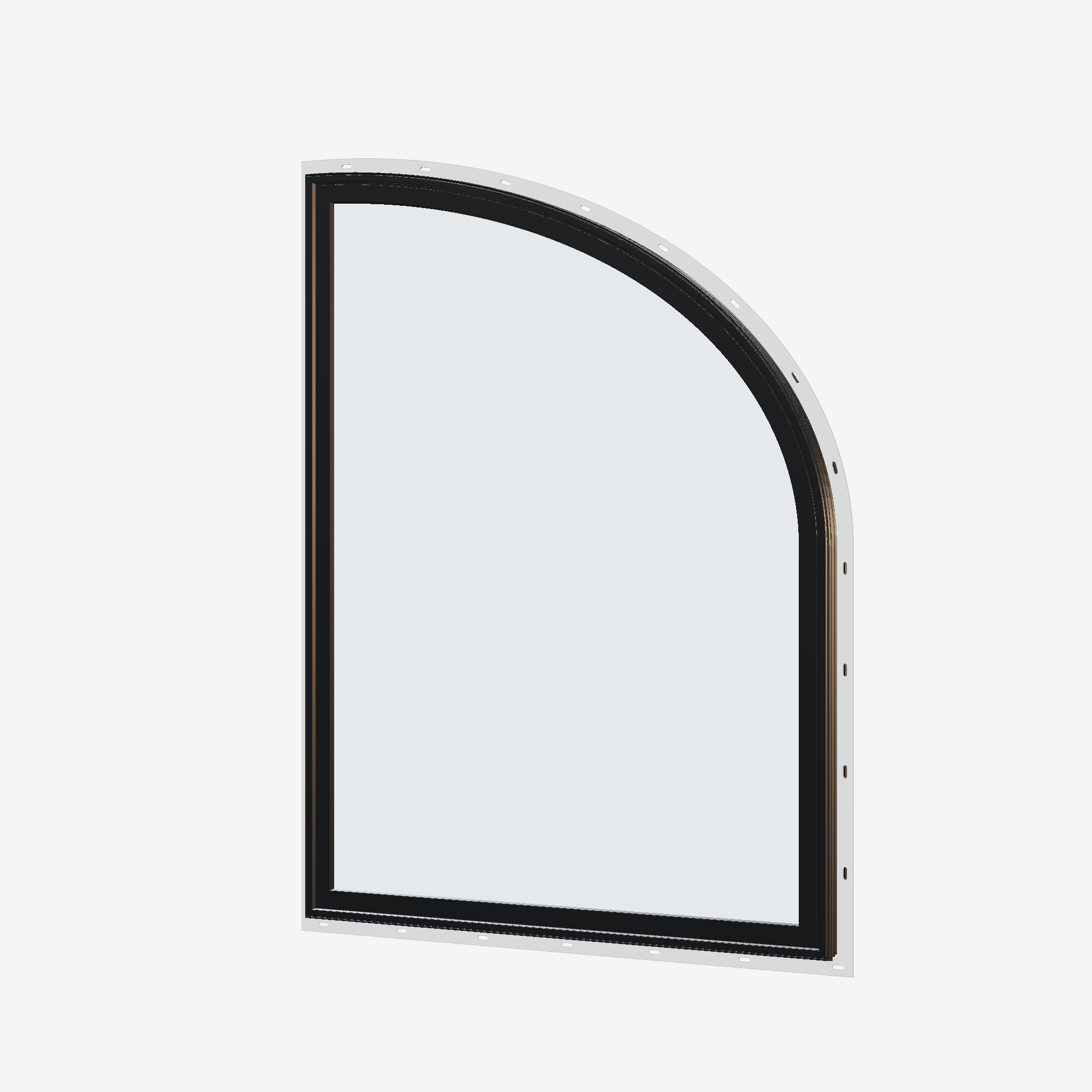 Angled exterior view of the 36 × 48 inch raised partial ellipse (right), black exterior / black interior, with nailing flange