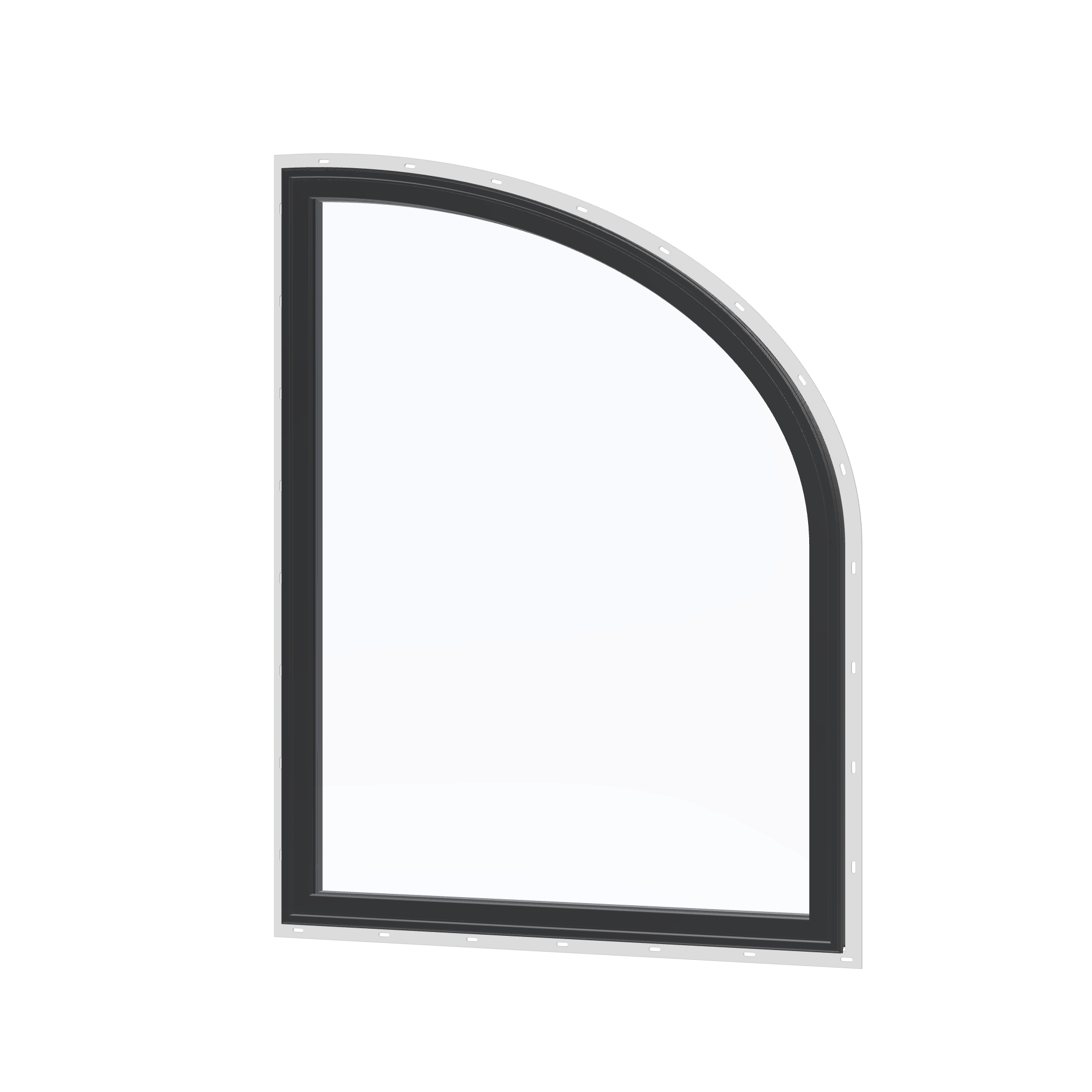 Angled exterior view of the 36 × 48 inch raised partial ellipse (right), black exterior / black interior, with nailing flange