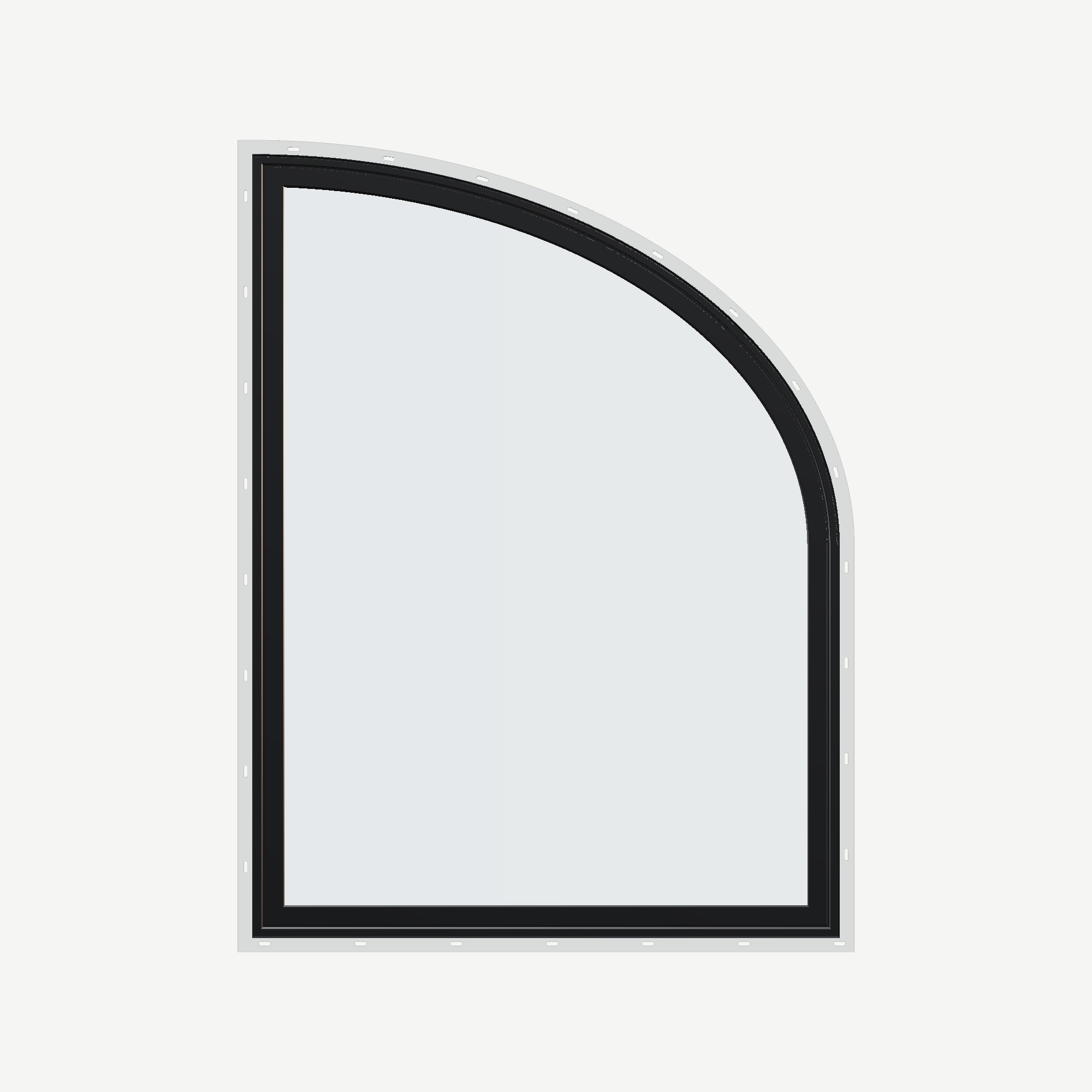 Straight exterior view of the 36 × 48 inch raised partial ellipse (right), black exterior / black interior, with nailing flange