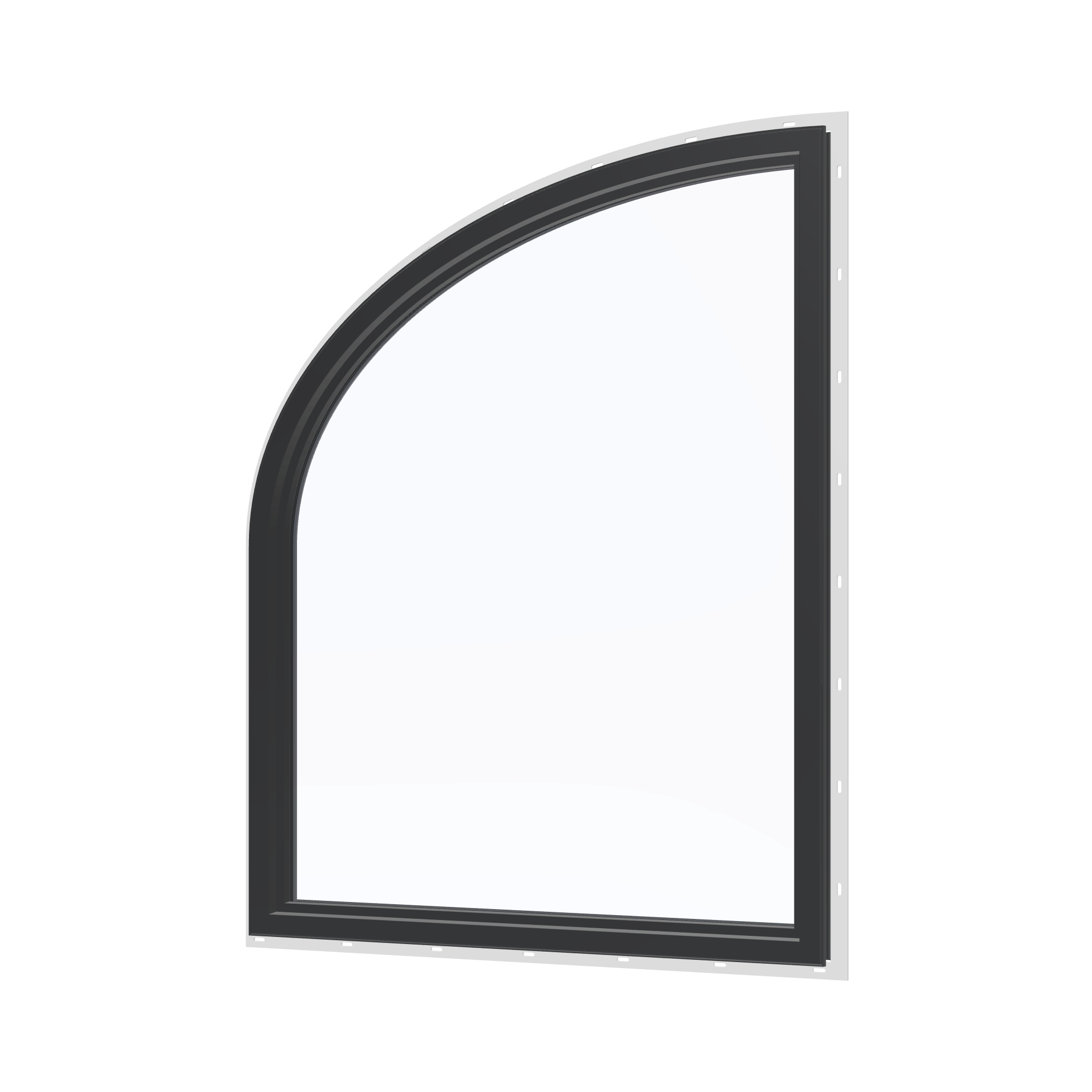 Angled interior view of the 36 × 48 inch raised partial ellipse (right), black exterior / black interior, with nailing flange