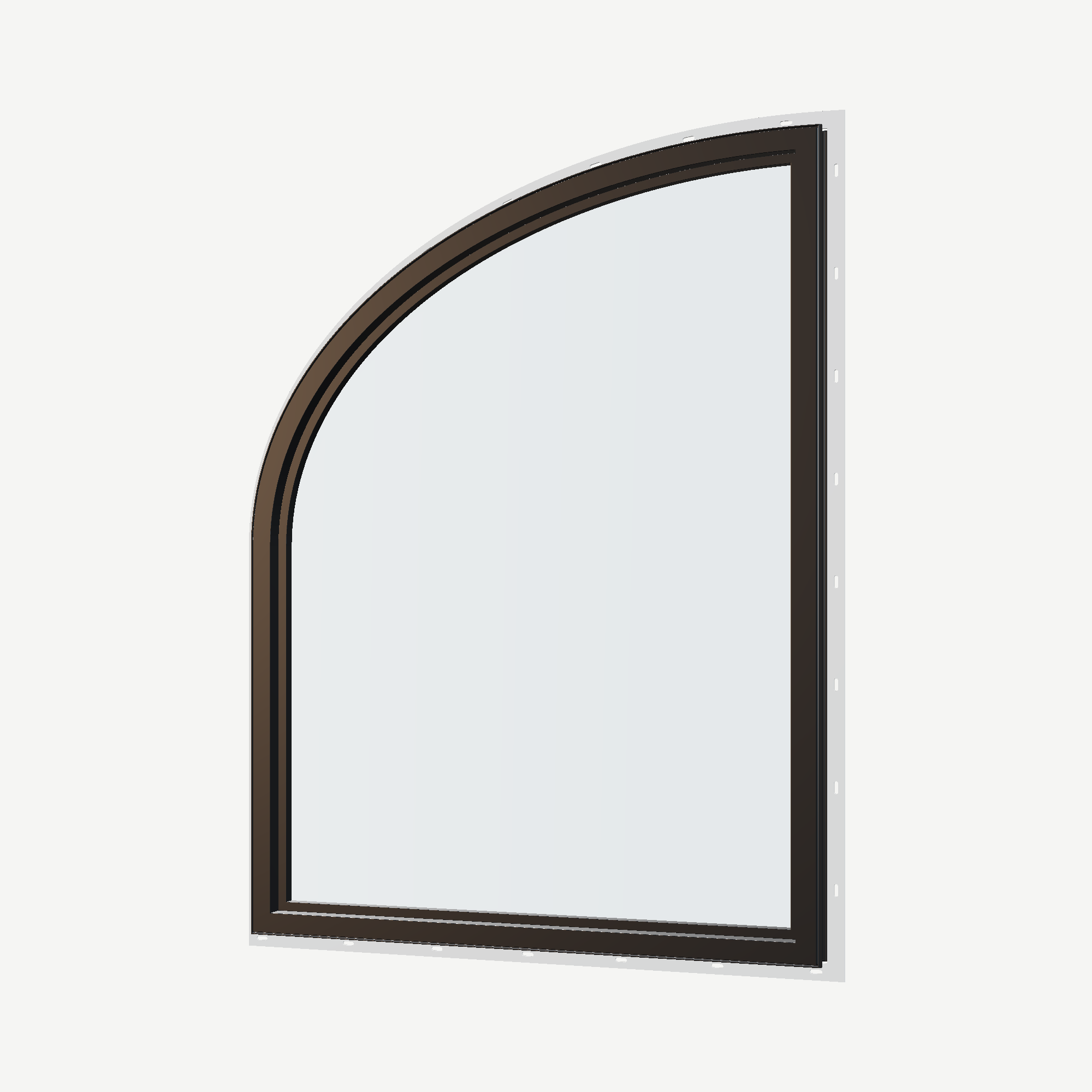 Angled interior view of the 36 × 48 inch raised partial ellipse (right), black exterior / black interior, with nailing flange