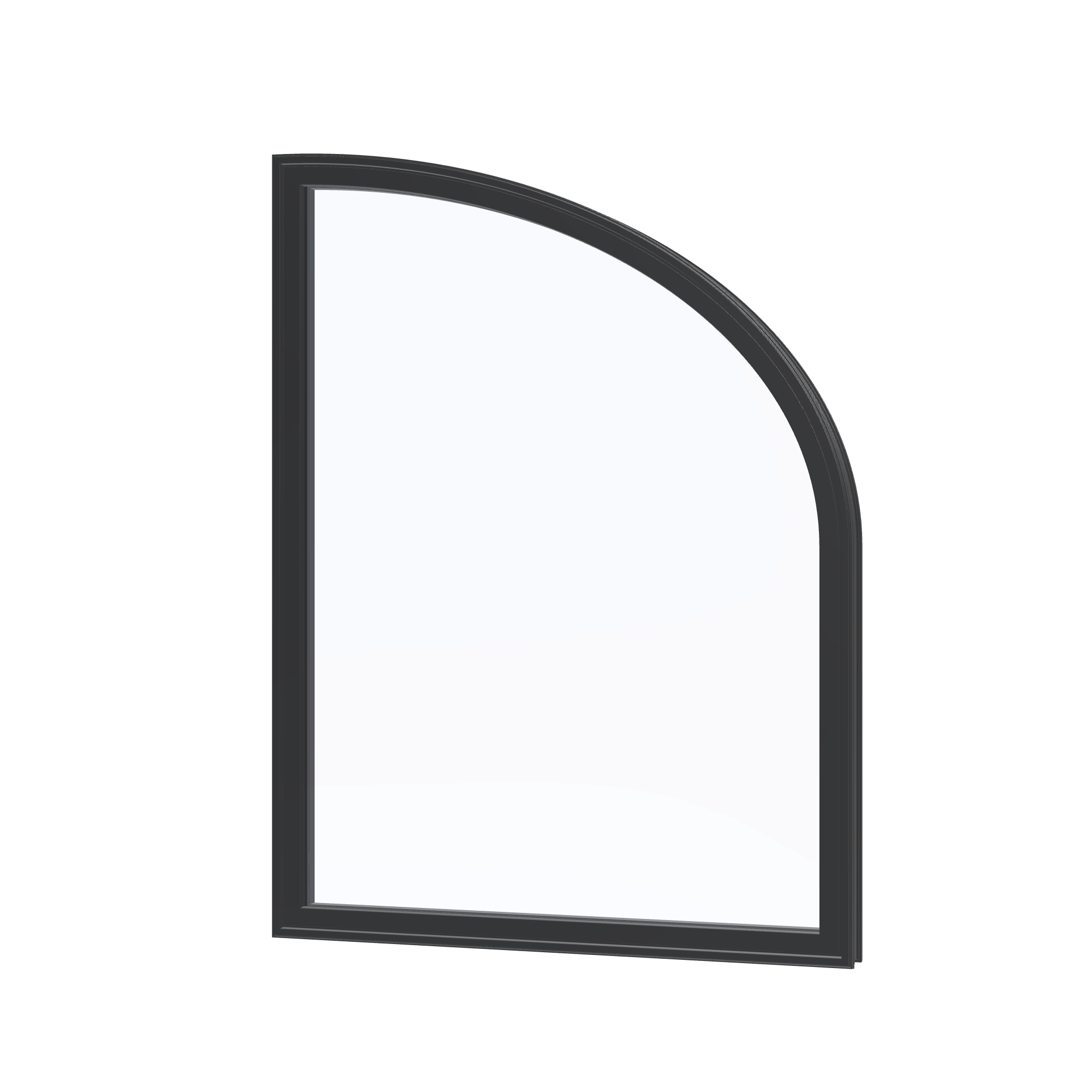 Angled exterior view of the 36 × 48 inch raised partial ellipse (right), black exterior / black interior, without nailing flange