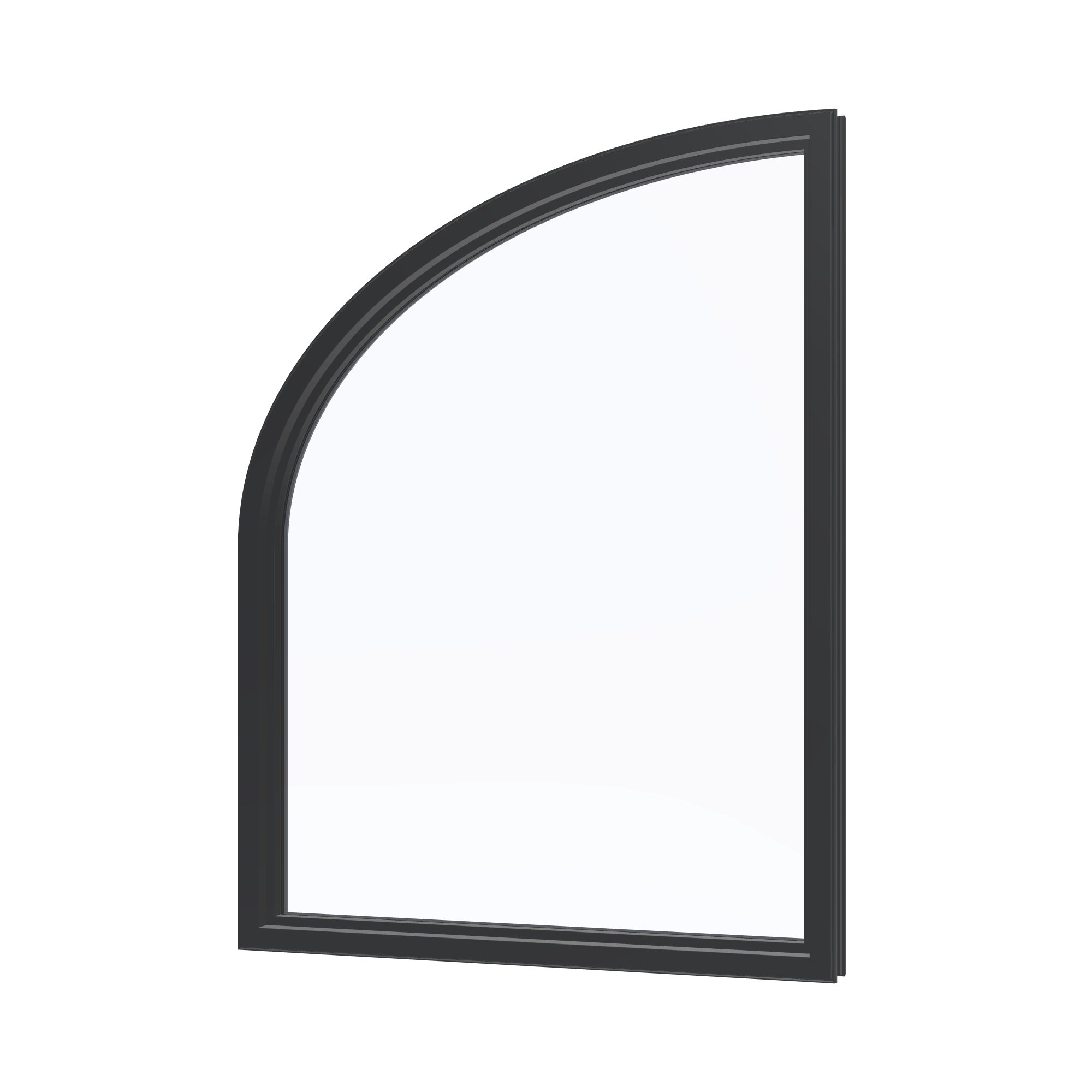 Angled interior view of the 36 × 48 inch raised partial ellipse (right), black exterior / black interior, without nailing flange