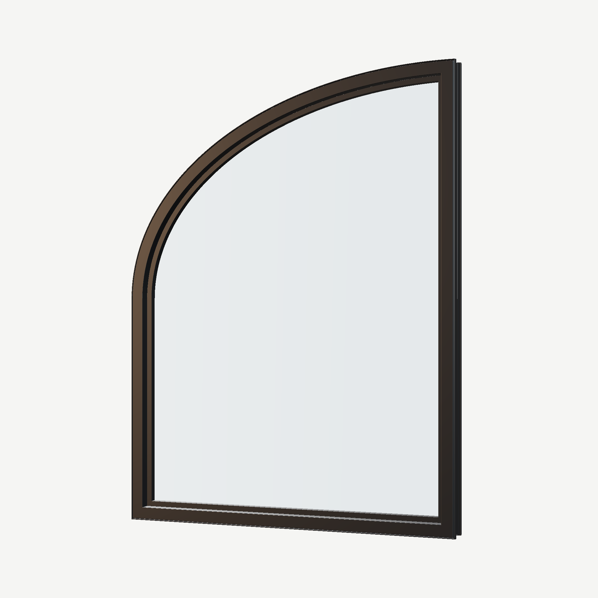 Angled interior view of the 36 × 48 inch raised partial ellipse (right), black exterior / black interior, without nailing flange