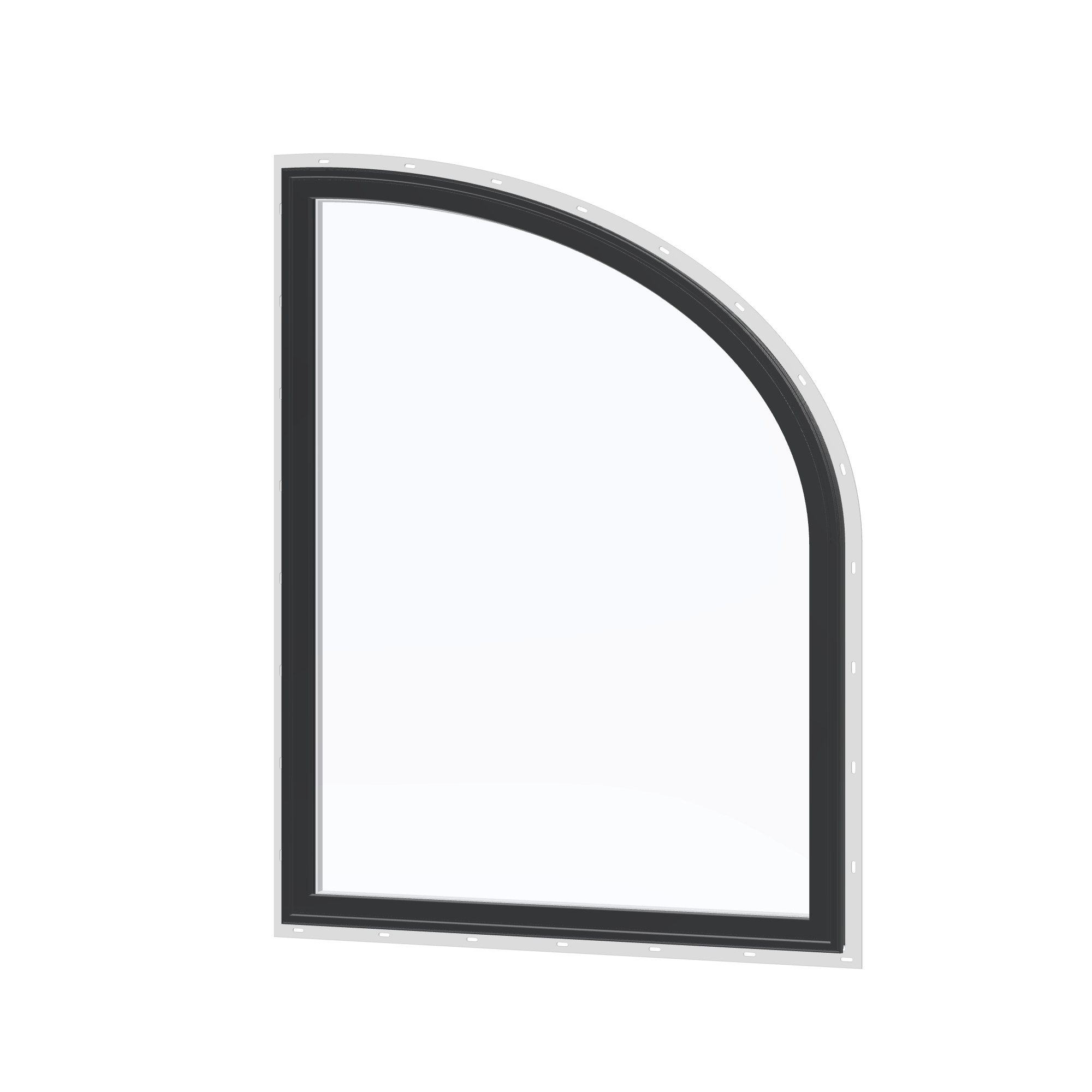 Angled exterior view of the 36 × 48 inch raised partial ellipse (right), black exterior / white interior, with nailing flange