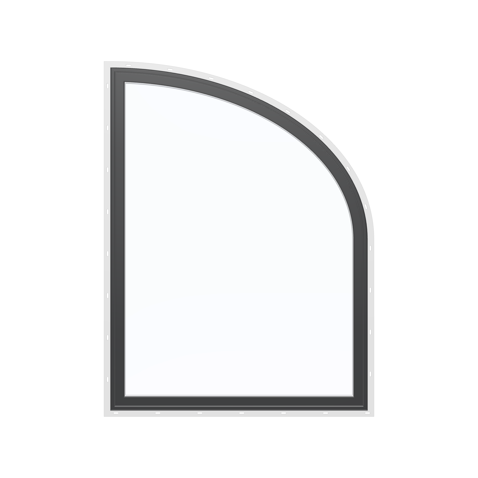 Straight exterior view of the 36 × 48 inch raised partial ellipse (right), black exterior / white interior, with nailing flange