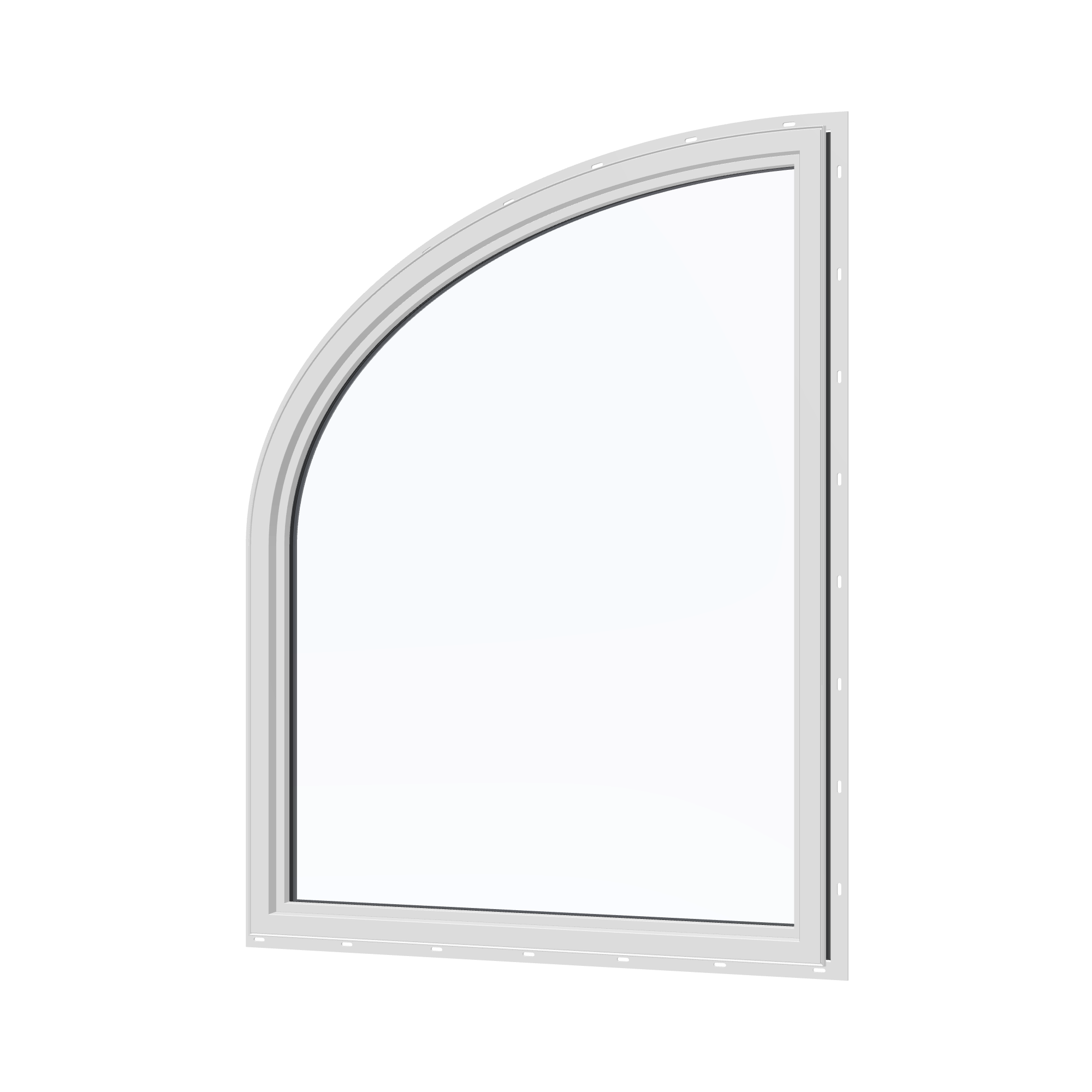 Angled interior view of the 36 × 48 inch raised partial ellipse (right), black exterior / white interior, with nailing flange