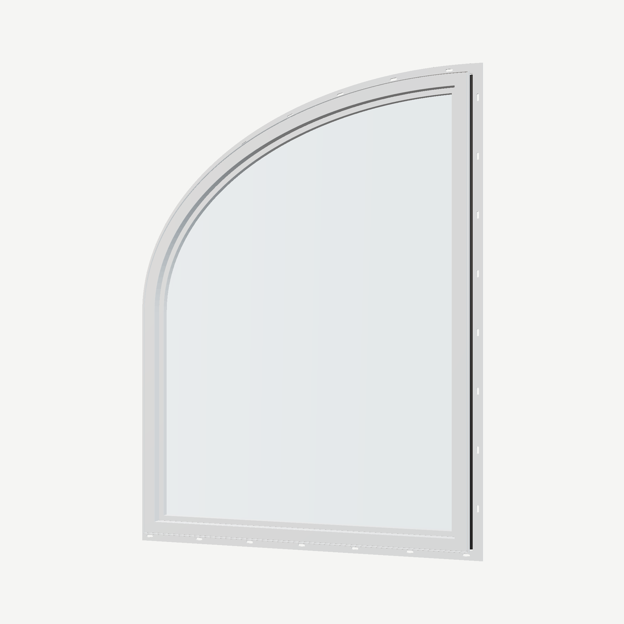 Angled interior view of the 36 × 48 inch raised partial ellipse (right), black exterior / white interior, with nailing flange