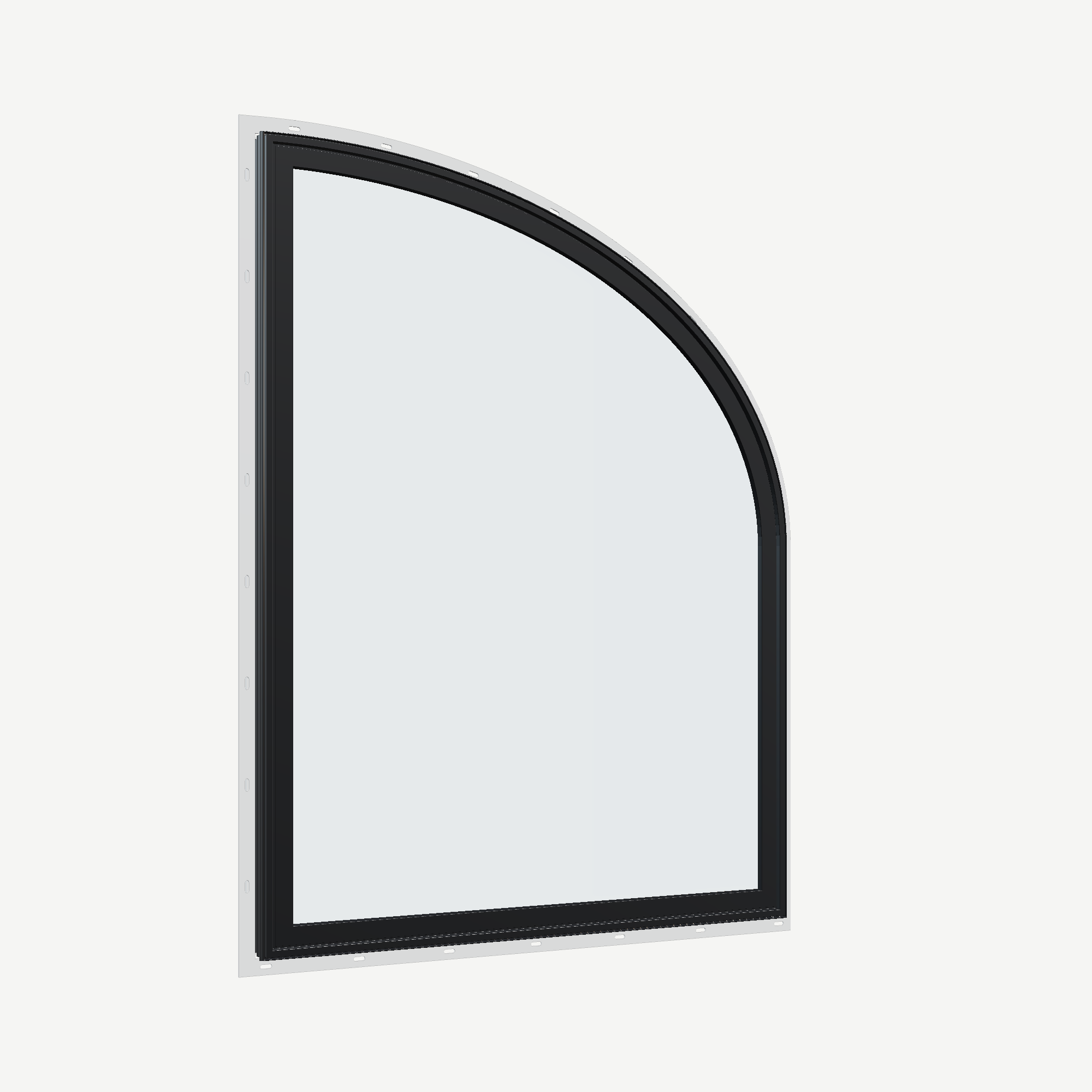 Opposite exterior angle of the 36 × 48 inch raised partial ellipse (right), black exterior / white interior, with nailing flange