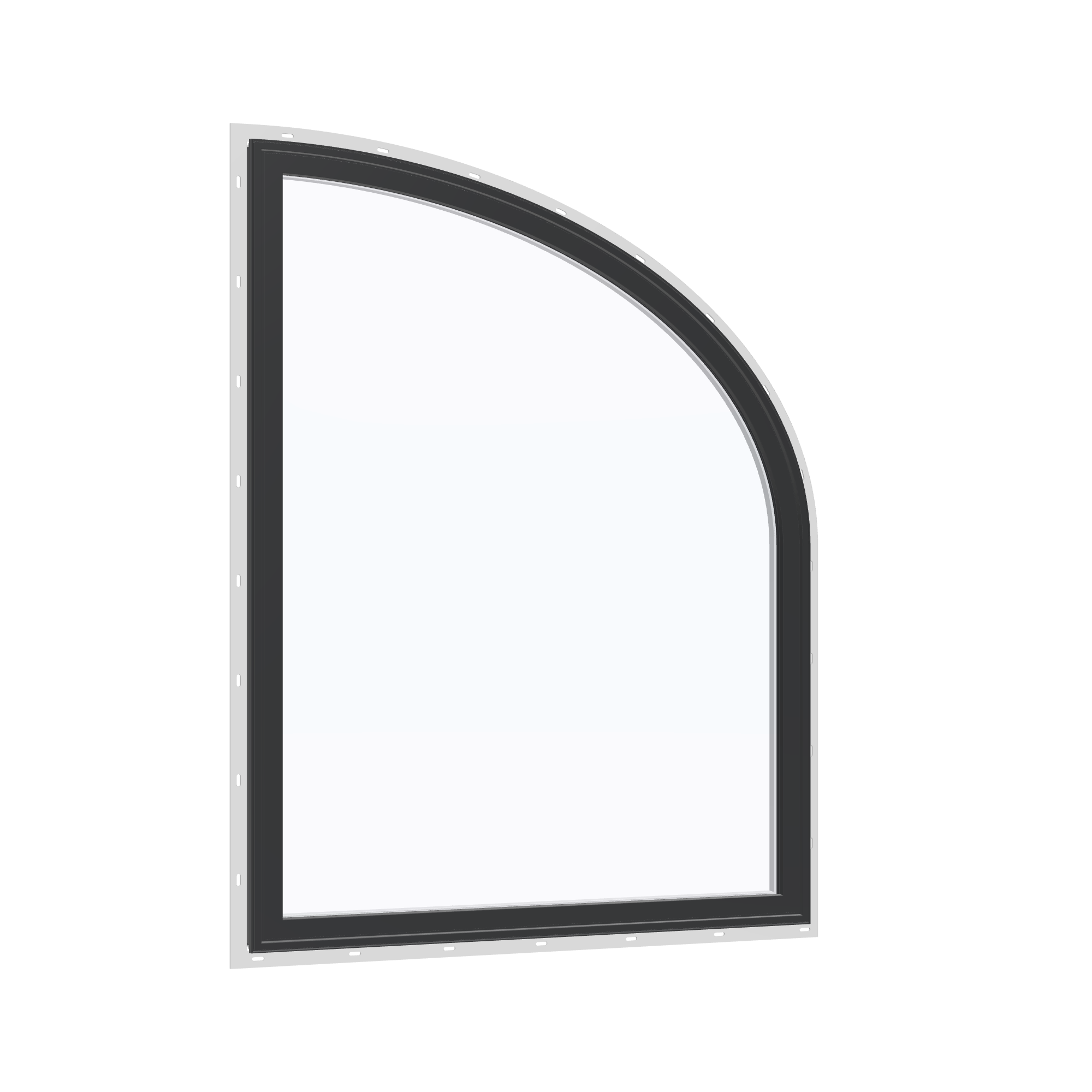Opposite exterior angle of the 36 × 48 inch raised partial ellipse (right), black exterior / white interior, with nailing flange