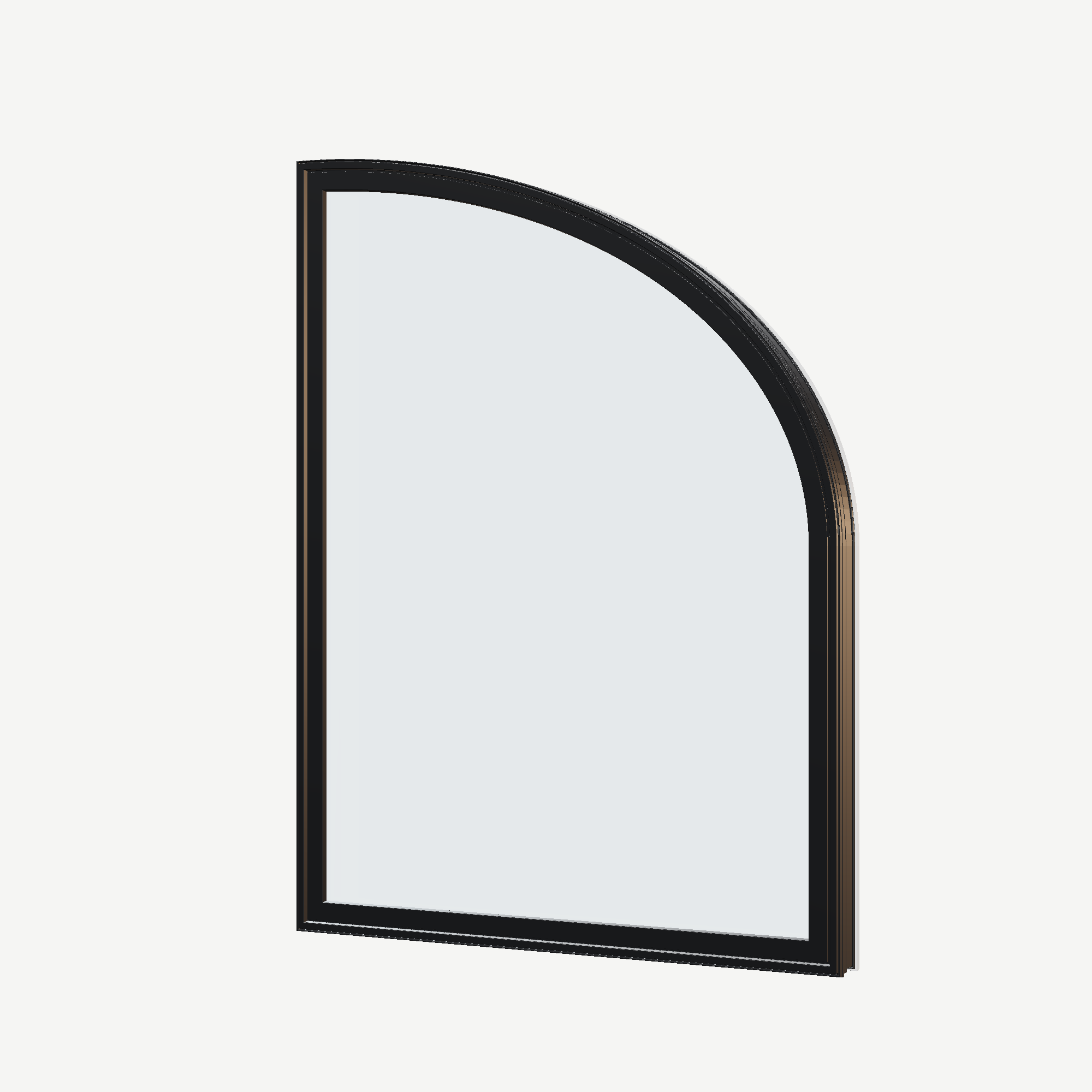 Angled exterior view of the 36 × 48 inch raised partial ellipse (right), black exterior / white interior, without nailing flange