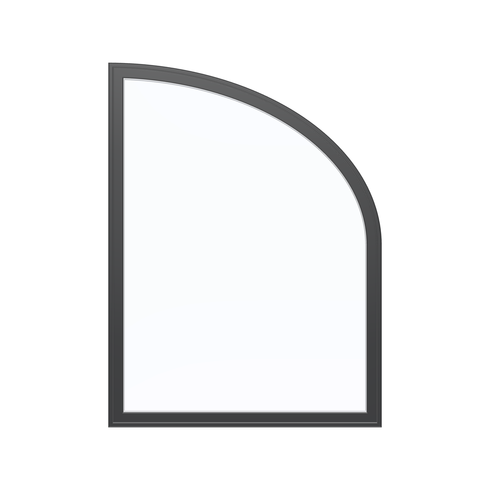 Straight exterior view of the 36 × 48 inch raised partial ellipse (right), black exterior / white interior, without nailing flange