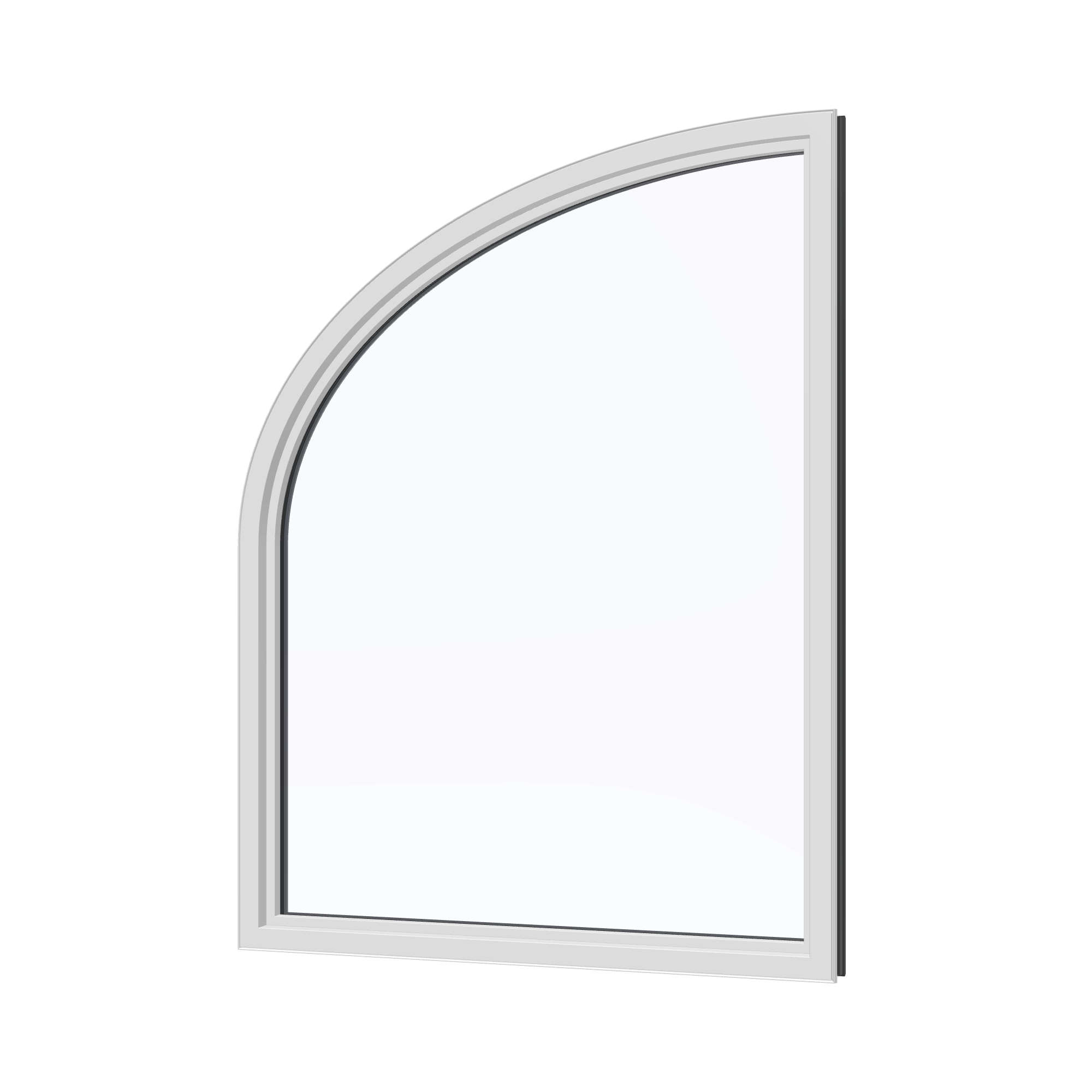 Angled interior view of the 36 × 48 inch raised partial ellipse (right), black exterior / white interior, without nailing flange