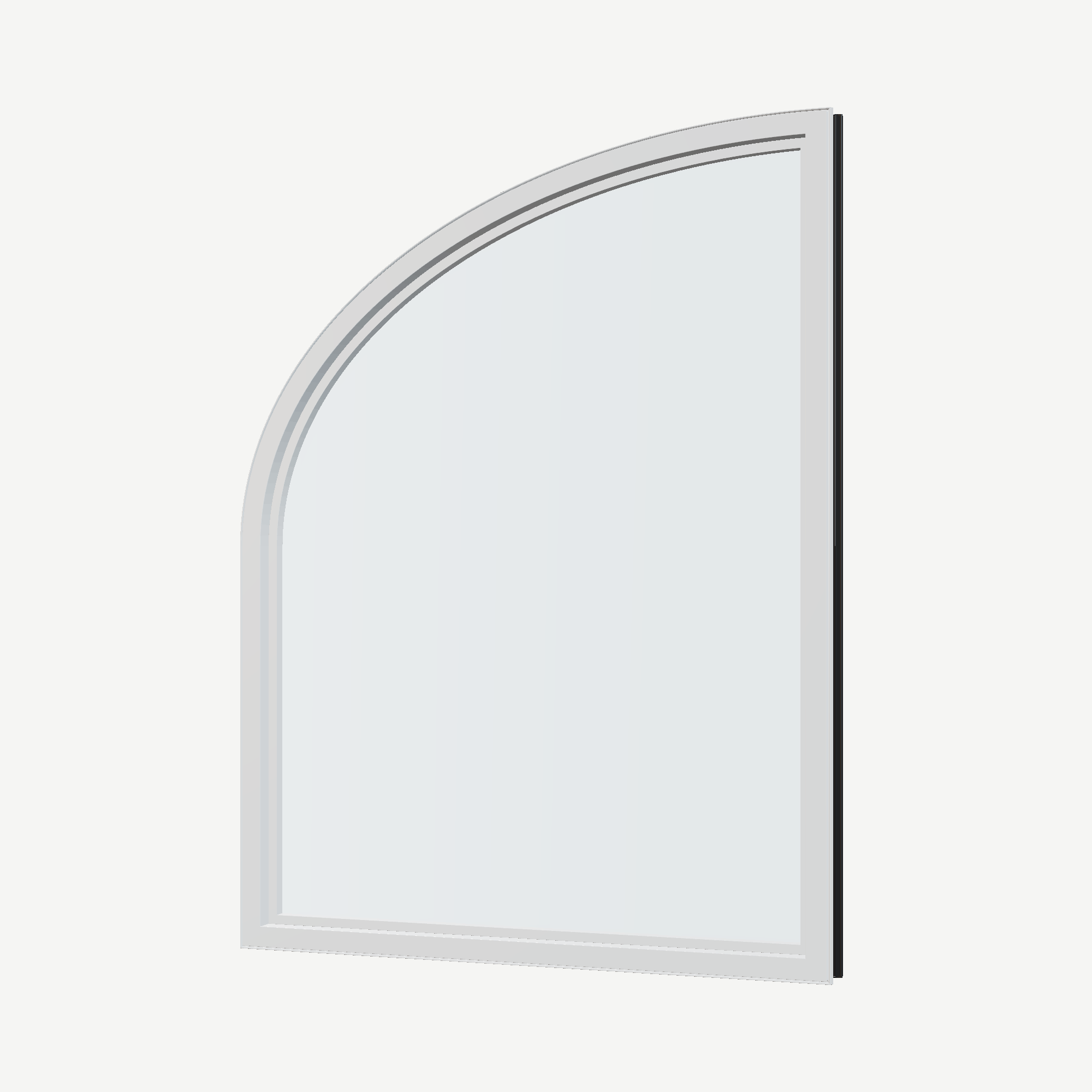 Angled interior view of the 36 × 48 inch raised partial ellipse (right), black exterior / white interior, without nailing flange