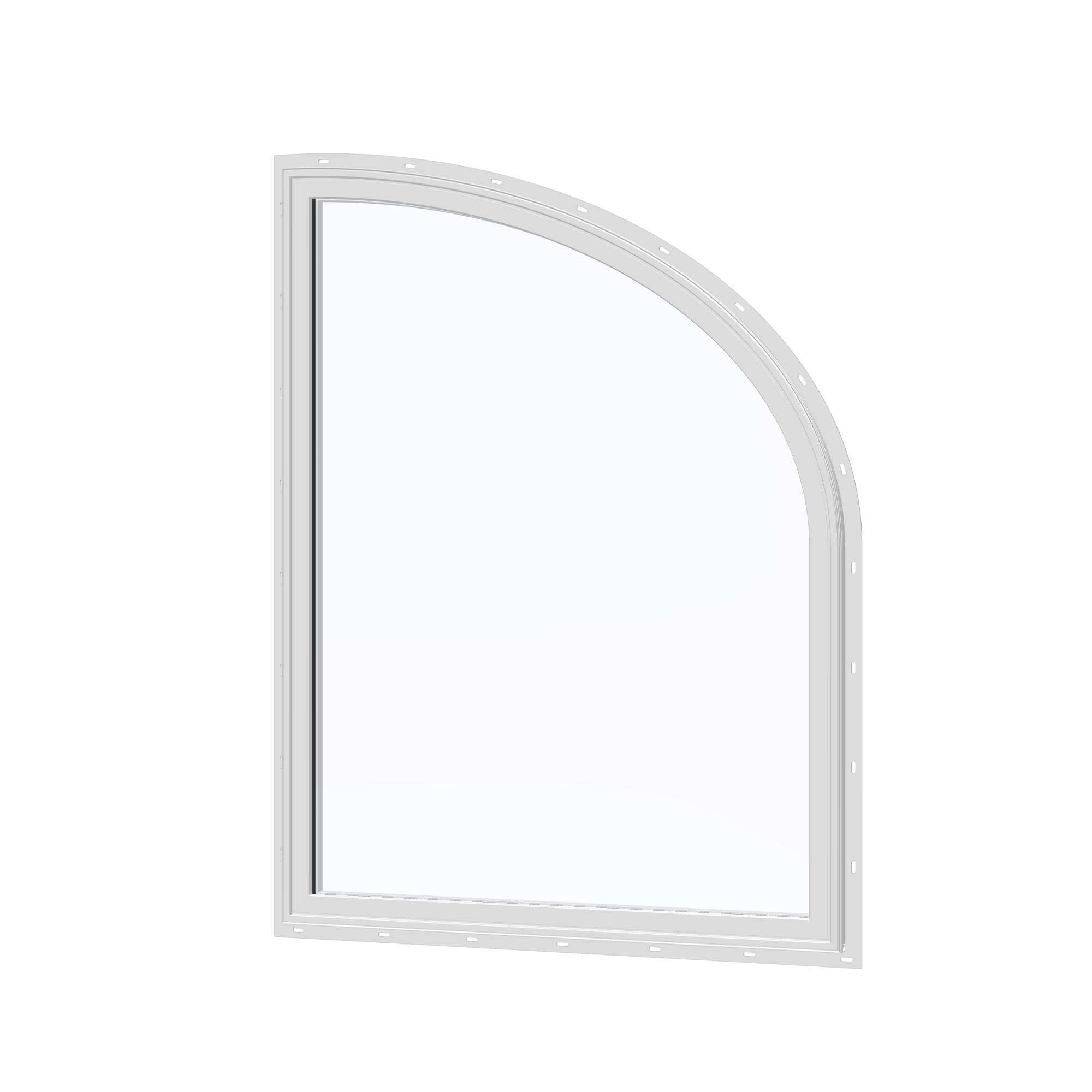 Angled exterior view of the 36 × 48 inch raised partial ellipse (right), white exterior / white interior, with nailing flange