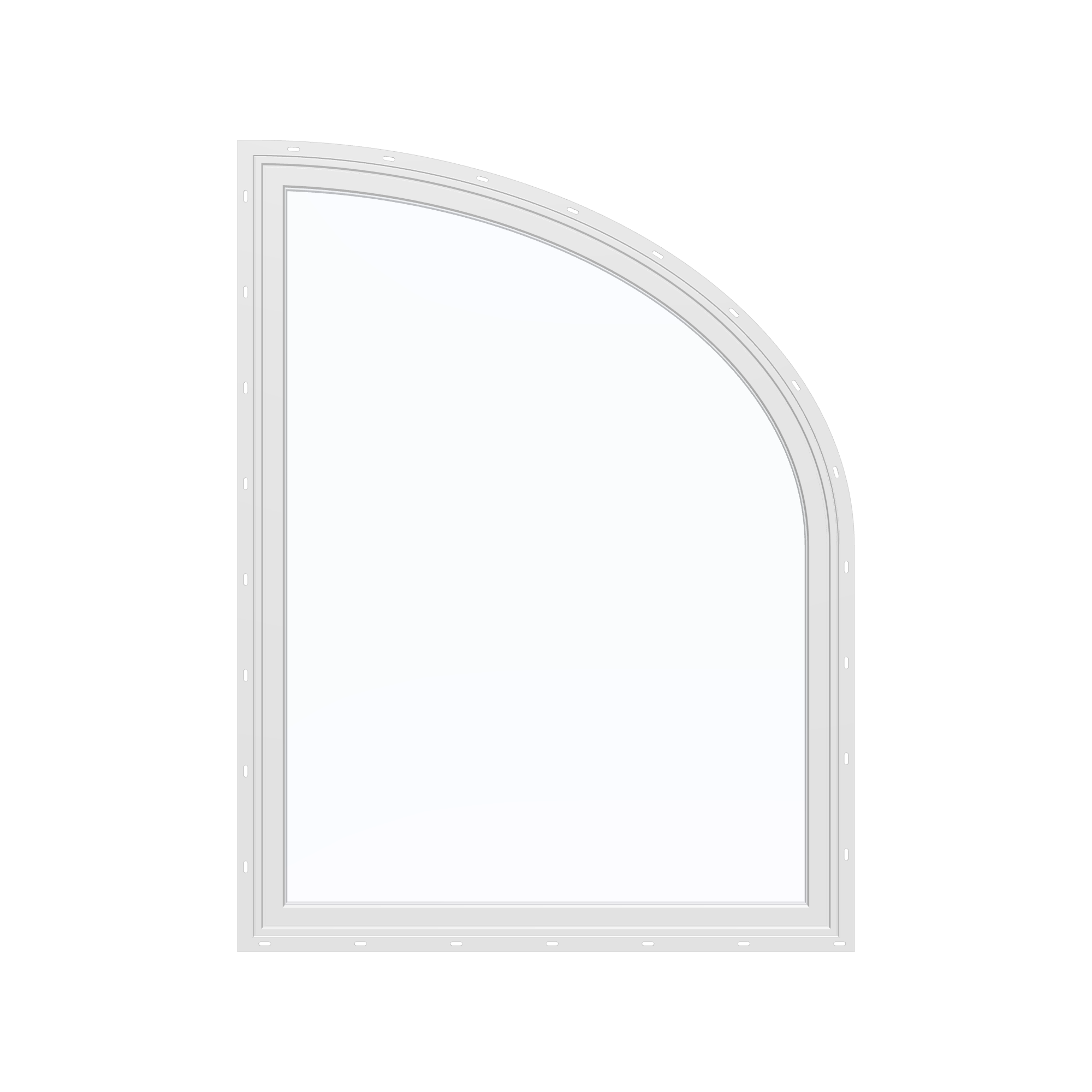 Straight exterior view of the 36 × 48 inch raised partial ellipse (right), white exterior / white interior, with nailing flange