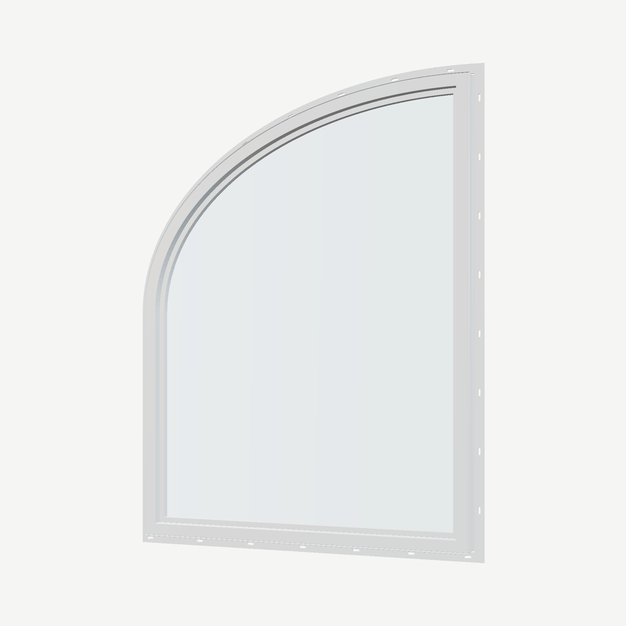 Angled interior view of the 36 × 48 inch raised partial ellipse (right), white exterior / white interior, with nailing flange