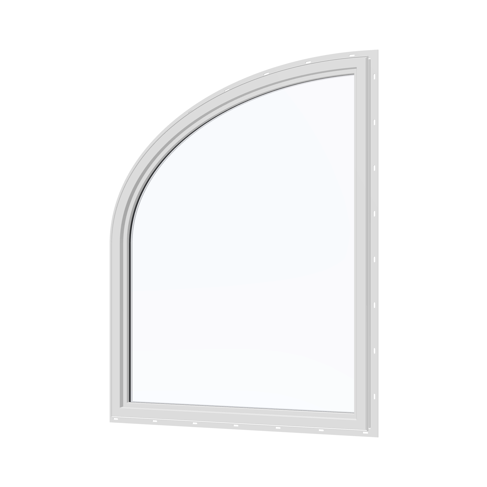 Angled interior view of the 36 × 48 inch raised partial ellipse (right), white exterior / white interior, with nailing flange