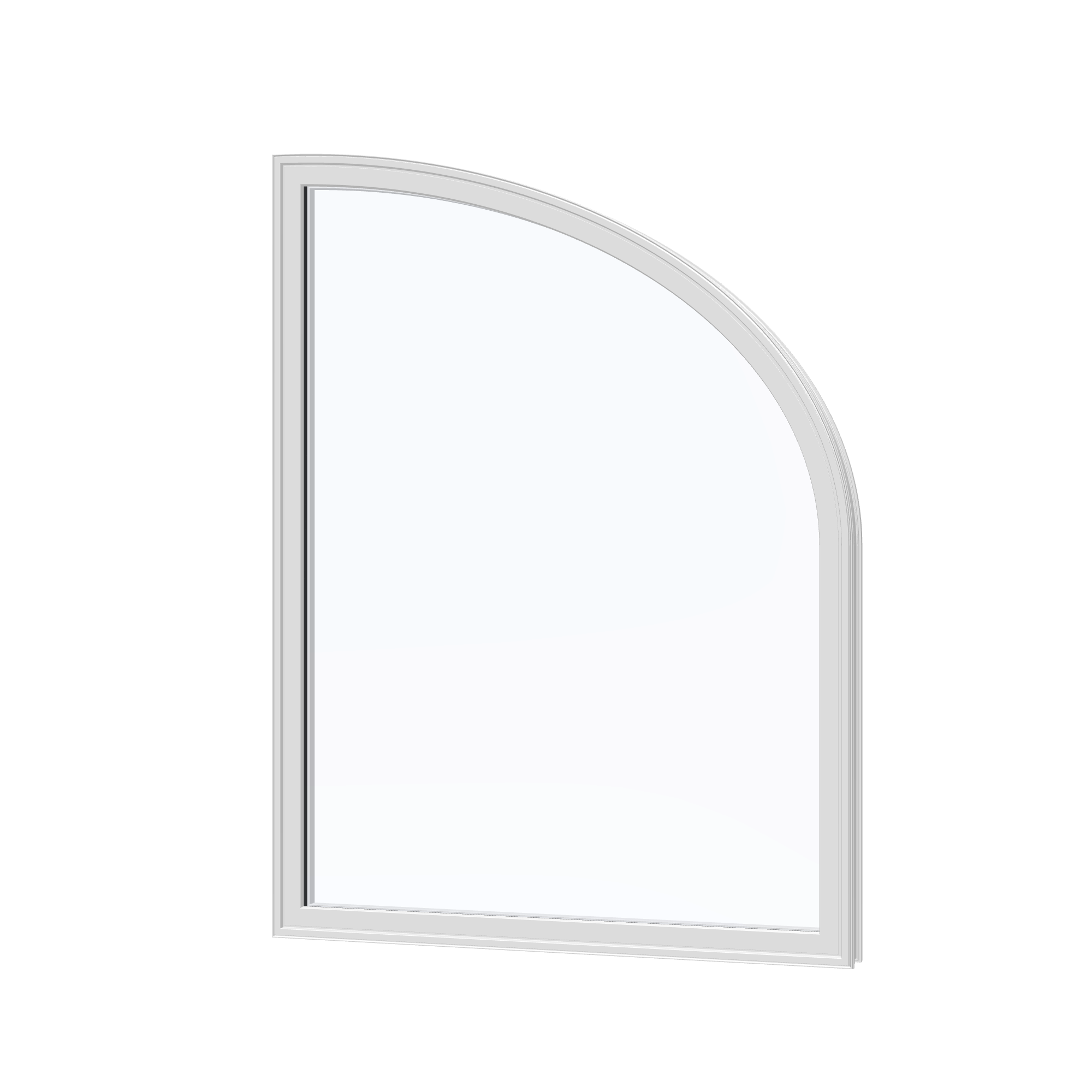 Angled exterior view of the 36 × 48 inch raised partial ellipse (right), white exterior / white interior, without nailing flange