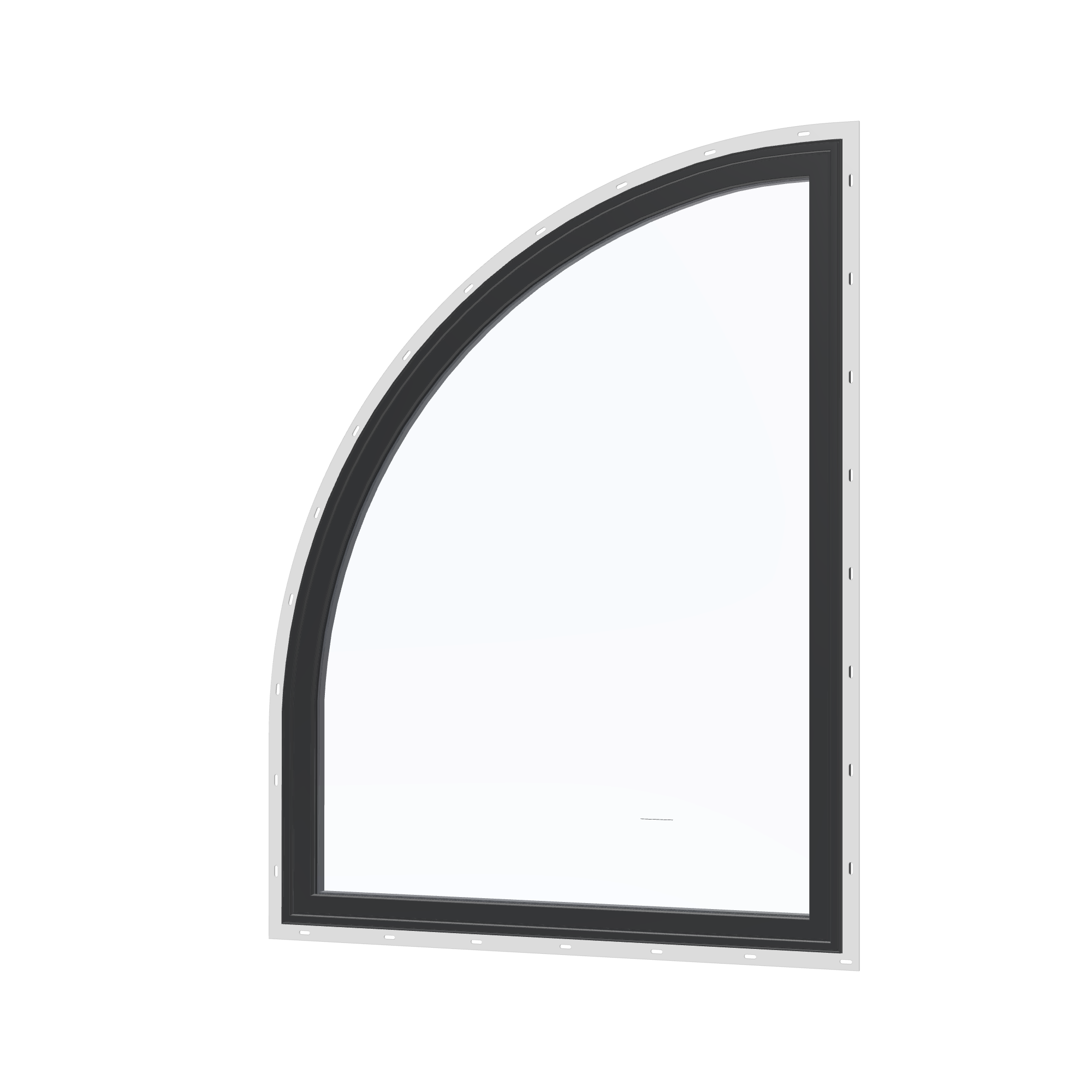 Angled exterior view of the 36 × 48 inch raised quarter round (left), black exterior / black interior, with nailing flange