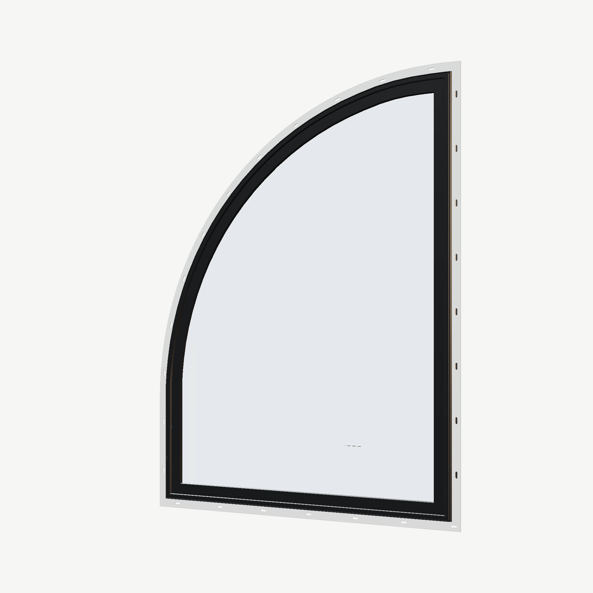 Angled exterior view of the 36 × 48 inch raised quarter round (left), black exterior / black interior, with nailing flange