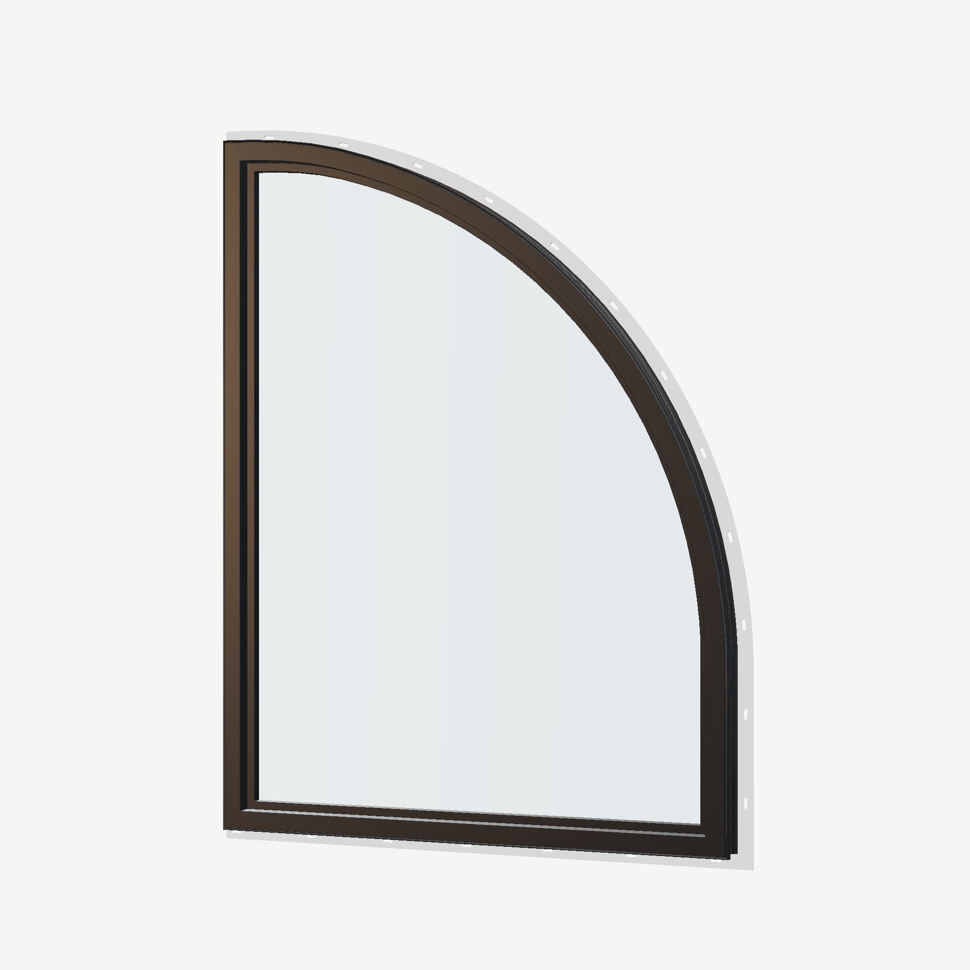 Angled interior view of the 36 × 48 inch raised quarter round (left), black exterior / black interior, with nailing flange
