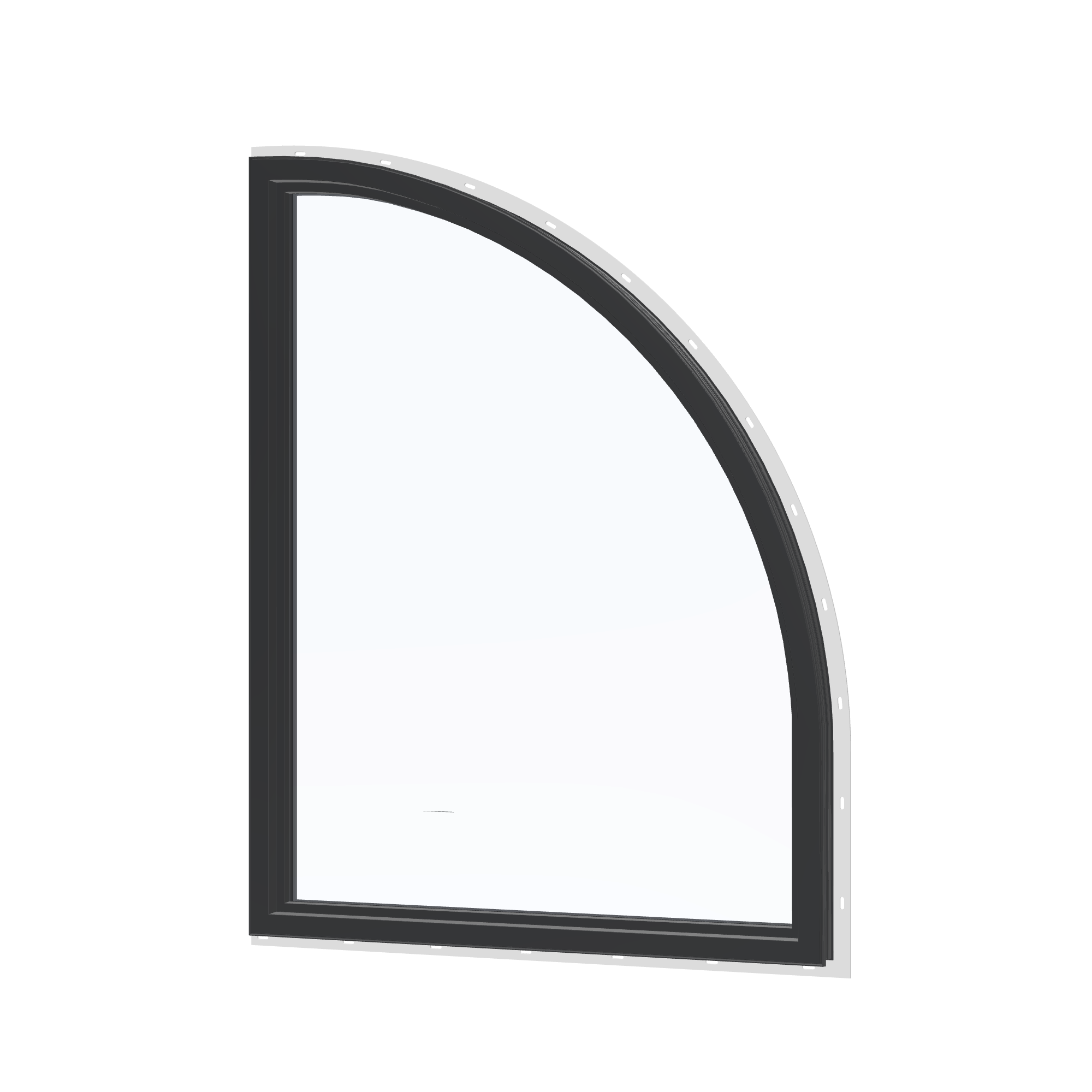 Angled interior view of the 36 × 48 inch raised quarter round (left), black exterior / black interior, with nailing flange