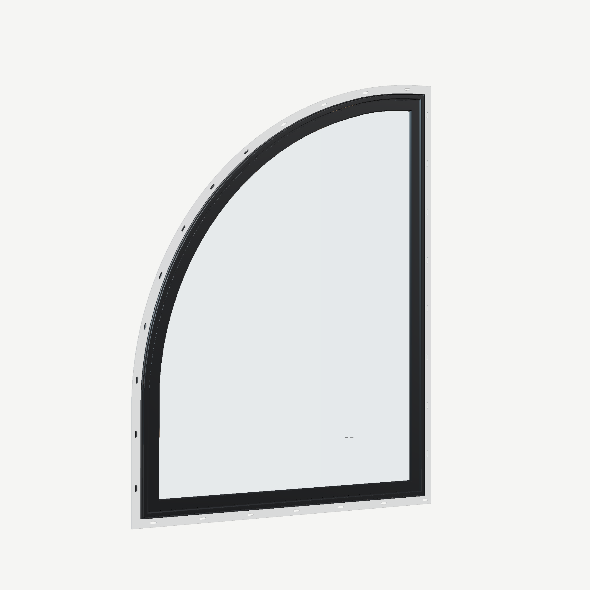 Opposite exterior angle of the 36 × 48 inch raised quarter round (left), black exterior / black interior, with nailing flange