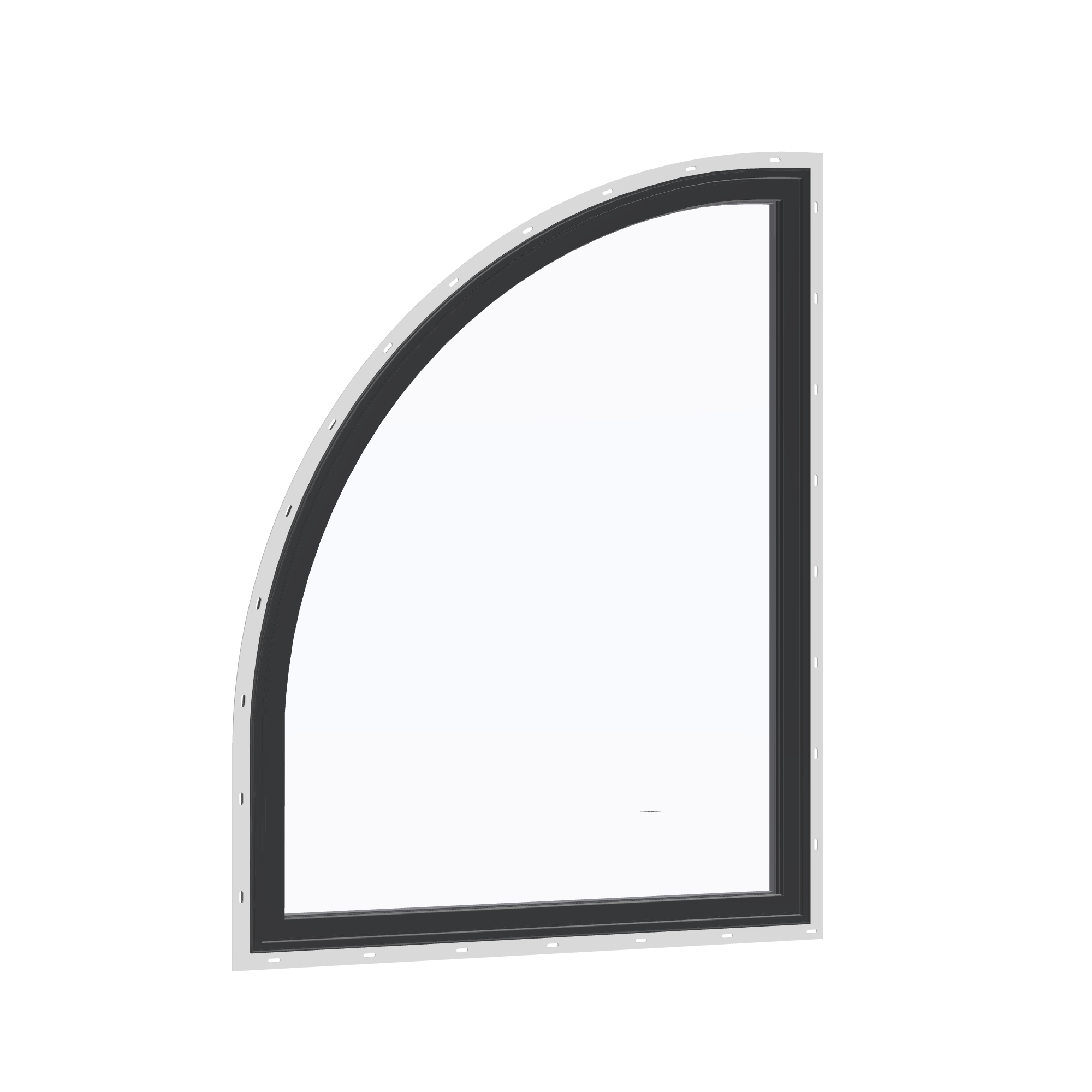 Opposite exterior angle of the 36 × 48 inch raised quarter round (left), black exterior / black interior, with nailing flange