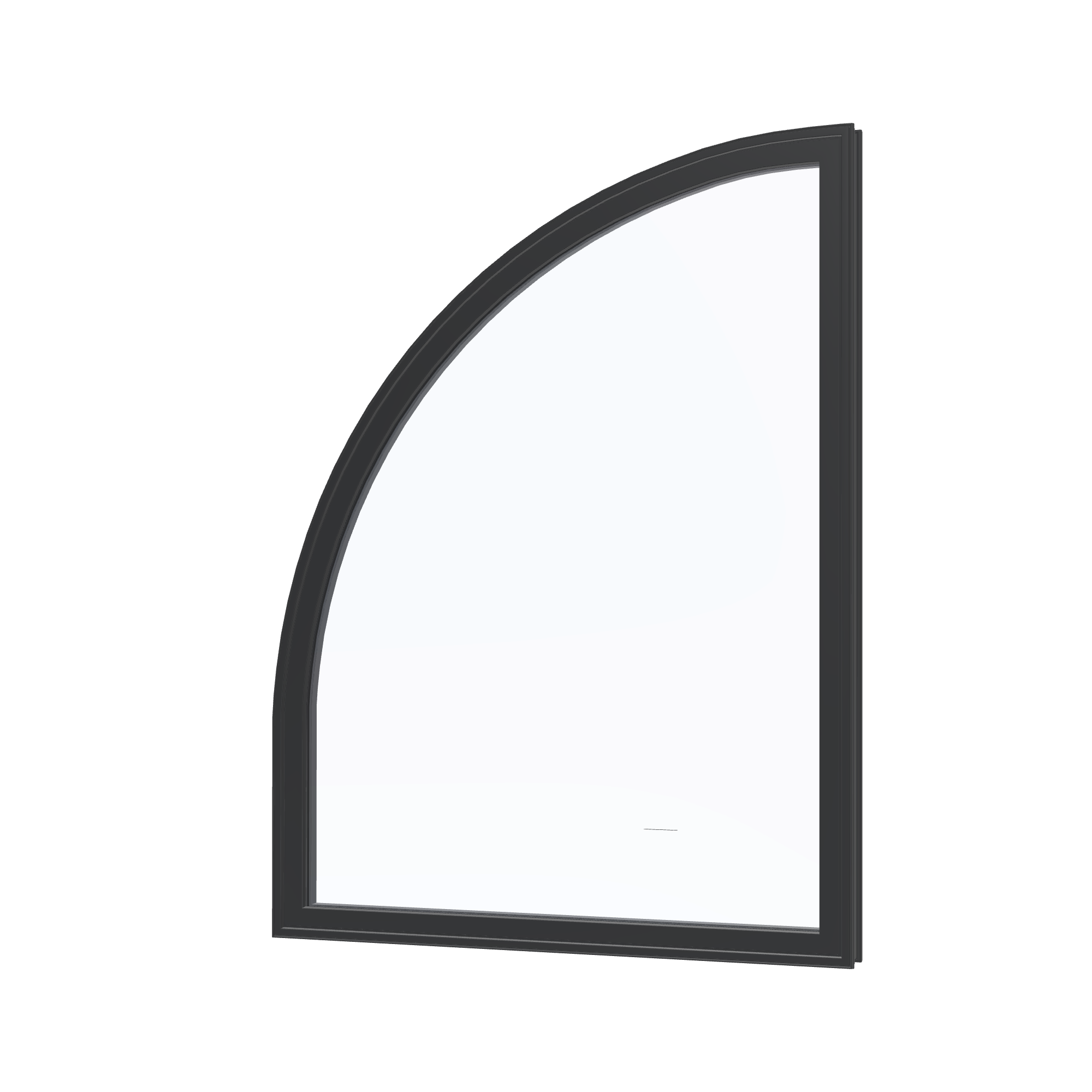 Angled exterior view of the 36 × 48 inch raised quarter round (left), black exterior / black interior, without nailing flange