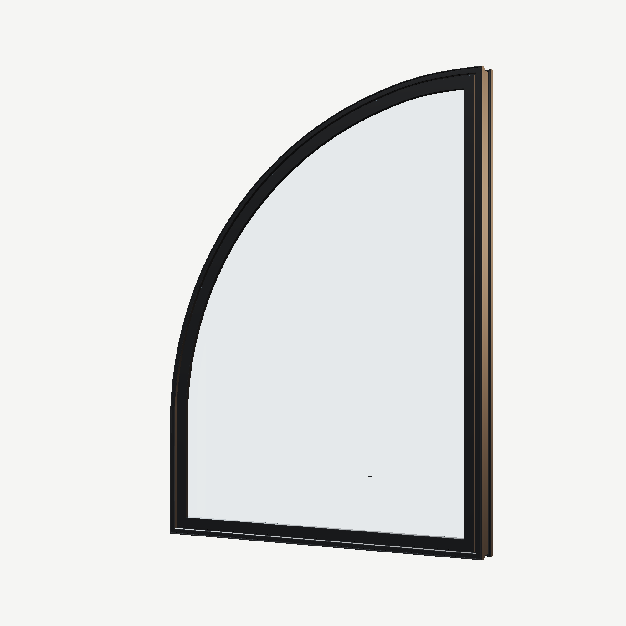 Angled exterior view of the 36 × 48 inch raised quarter round (left), black exterior / black interior, without nailing flange