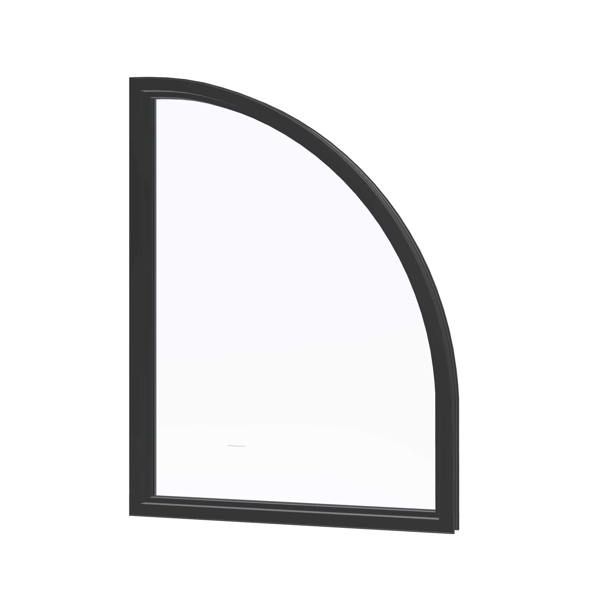 Angled interior view of the 36 × 48 inch raised quarter round (left), black exterior / black interior, without nailing flange