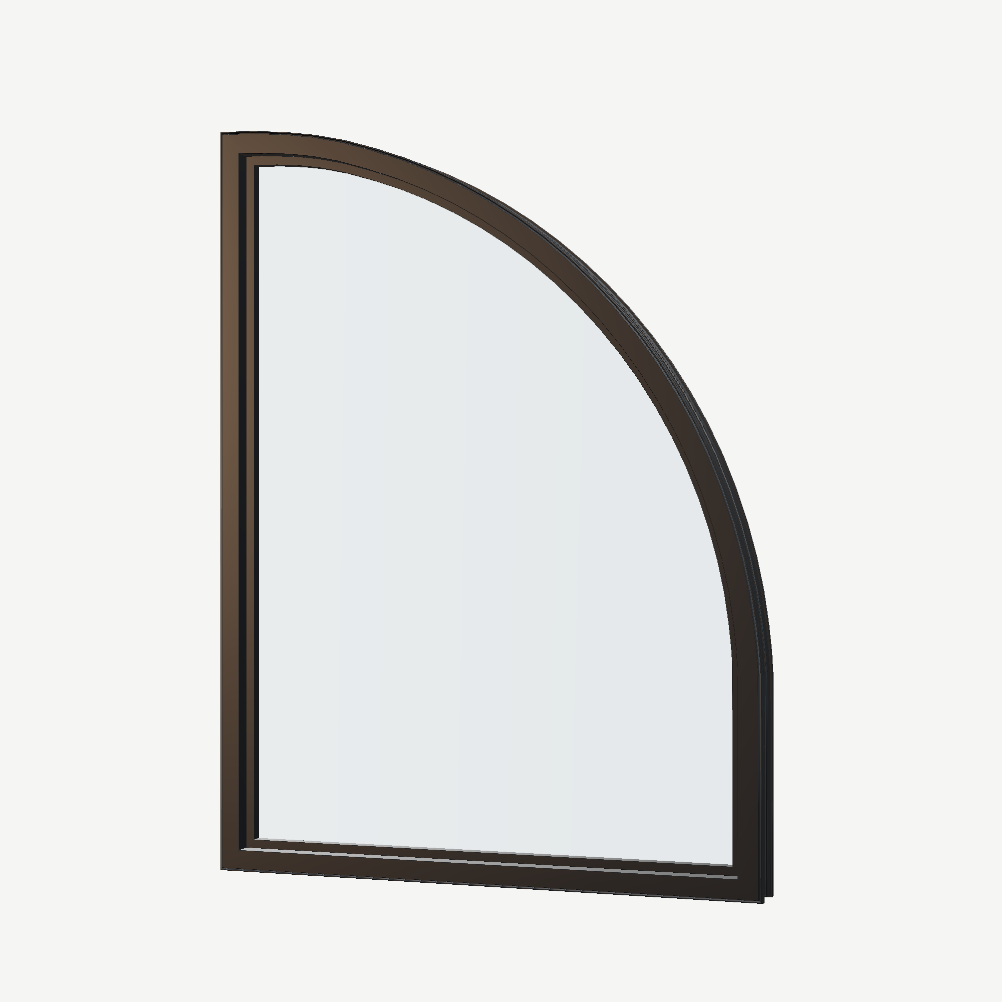 Angled interior view of the 36 × 48 inch raised quarter round (left), black exterior / black interior, without nailing flange