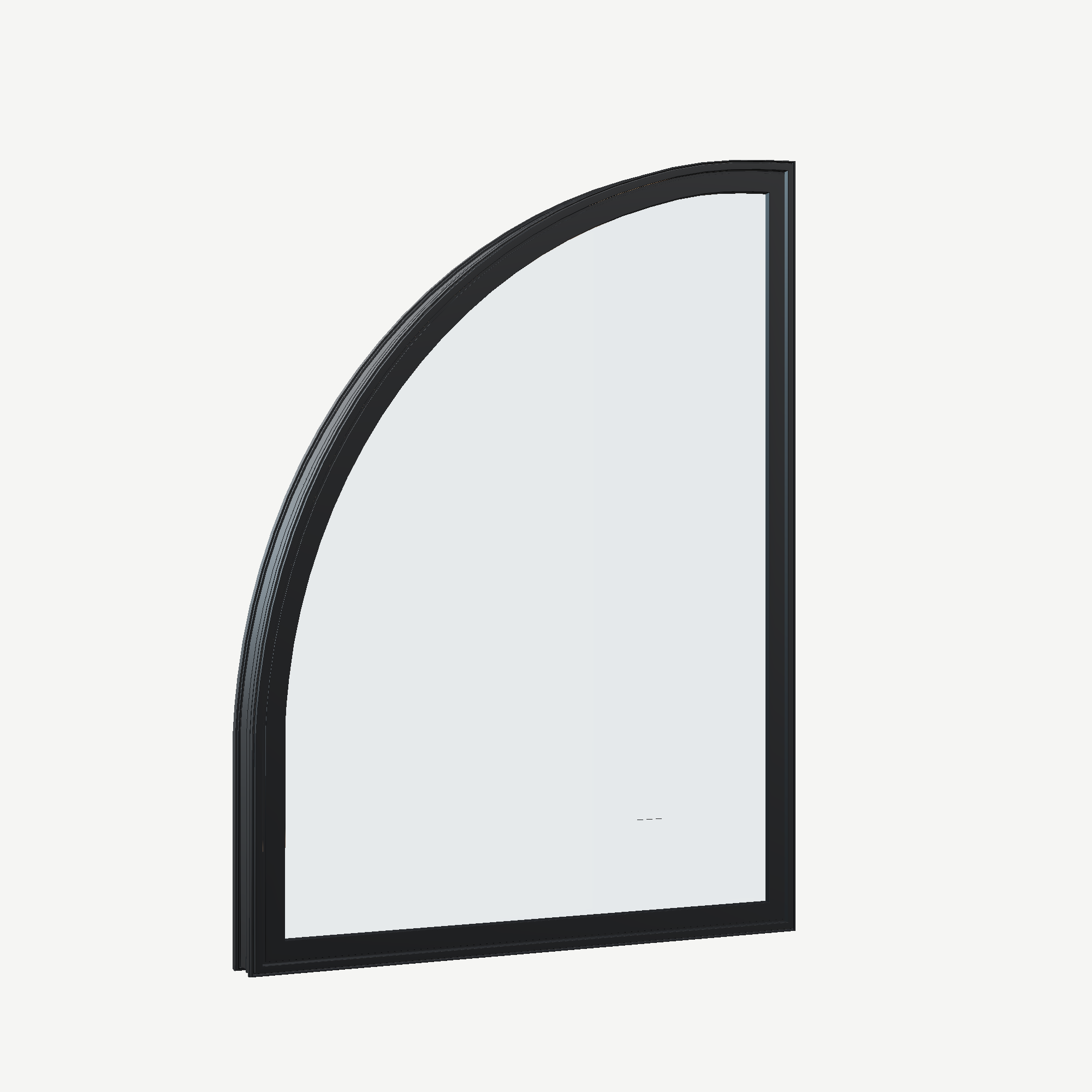 Opposite exterior angle of the 36 × 48 inch raised quarter round (left), black exterior / black interior, without nailing flange