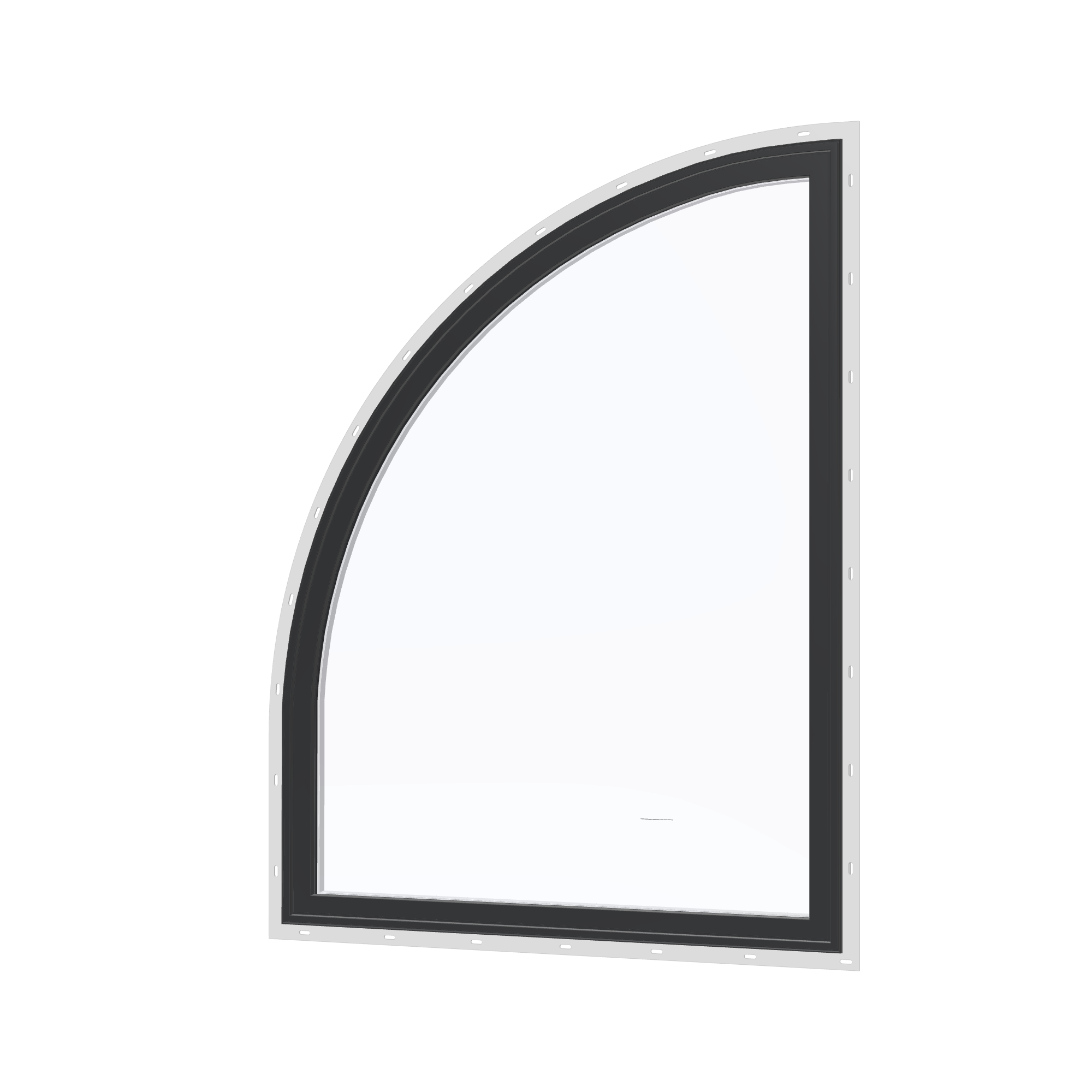 Angled exterior view of the 36 × 48 inch raised quarter round (left), black exterior / white interior, with nailing flange