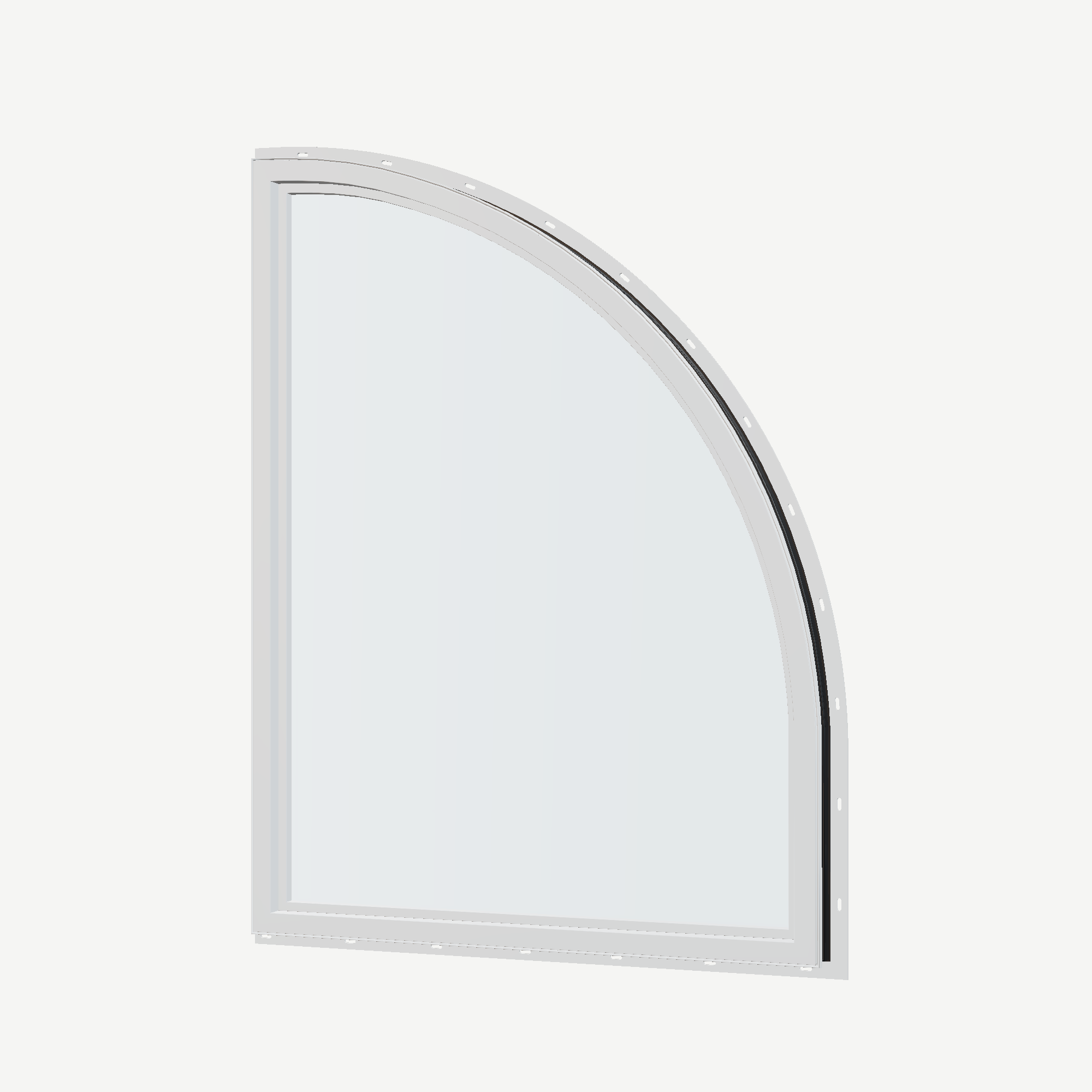 Angled interior view of the 36 × 48 inch raised quarter round (left), black exterior / white interior, with nailing flange