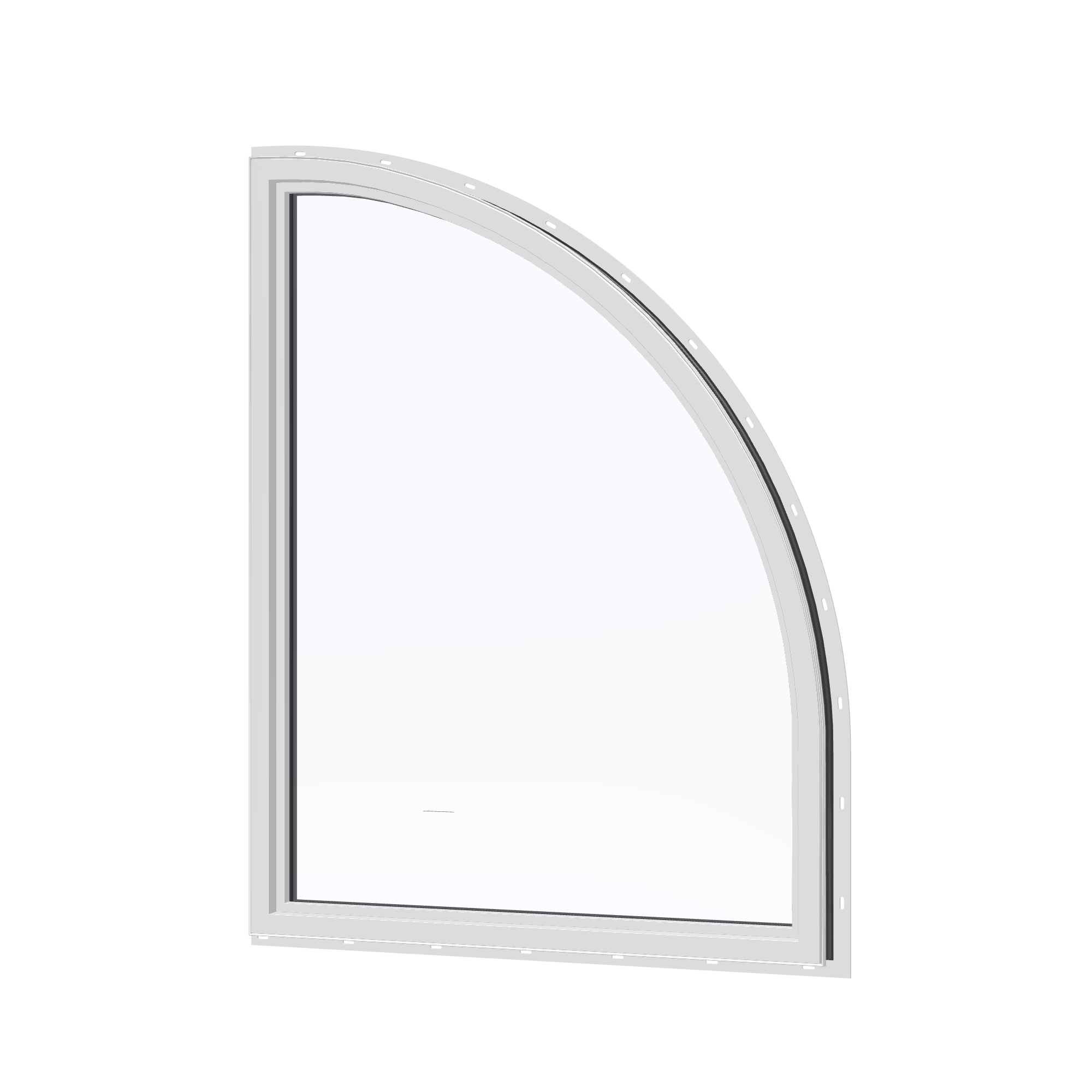 Angled interior view of the 36 × 48 inch raised quarter round (left), black exterior / white interior, with nailing flange