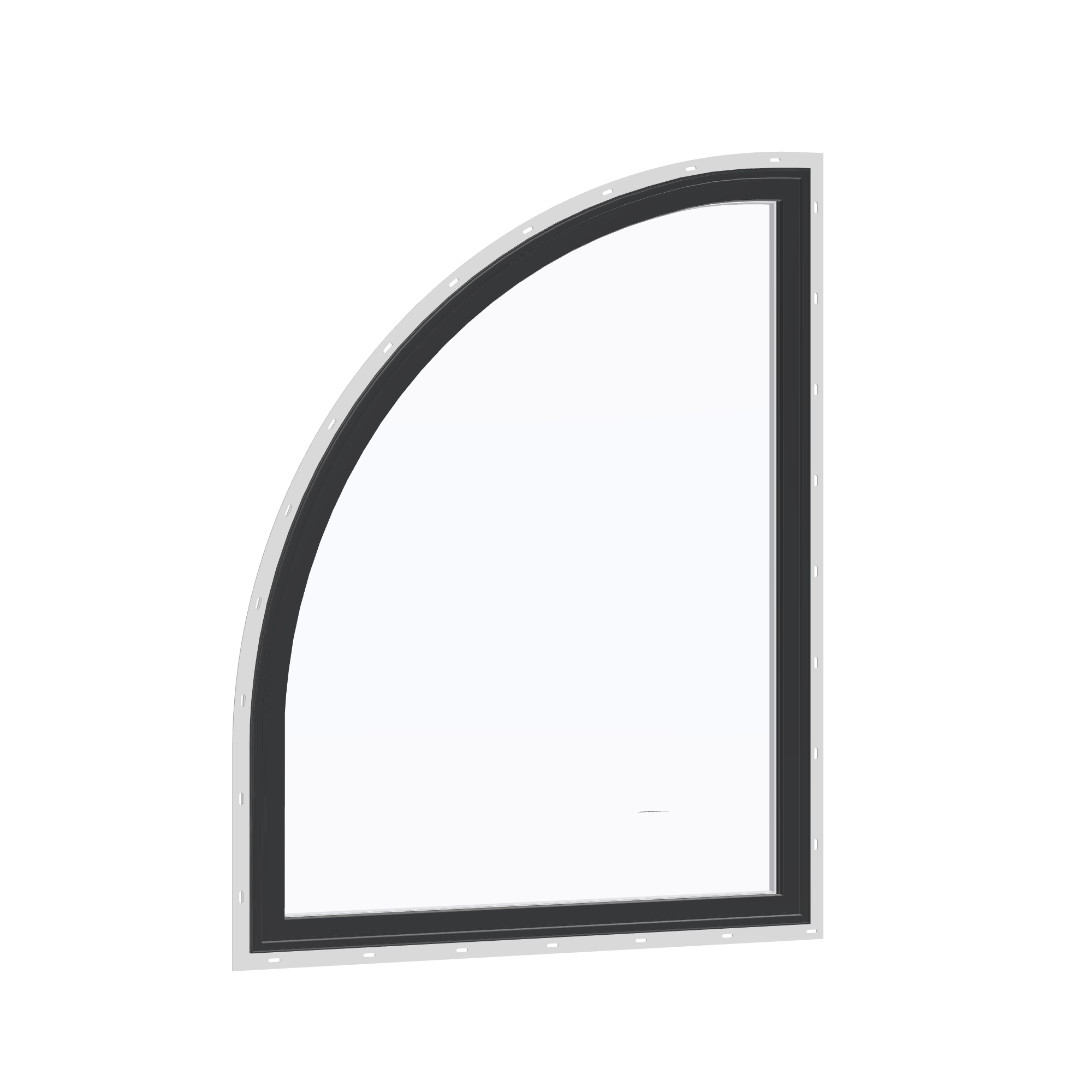Opposite exterior angle of the 36 × 48 inch raised quarter round (left), black exterior / white interior, with nailing flange