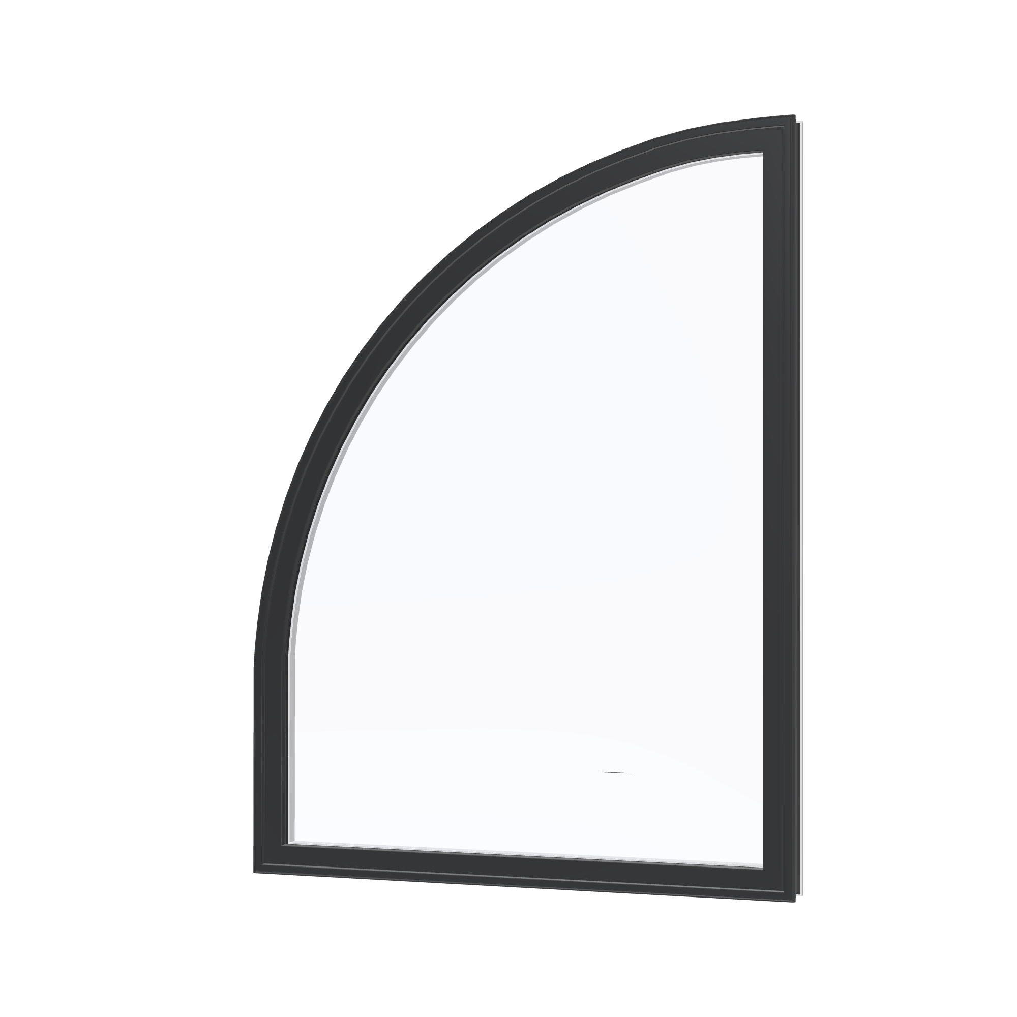 Angled exterior view of the 36 × 48 inch raised quarter round (left), black exterior / white interior, without nailing flange