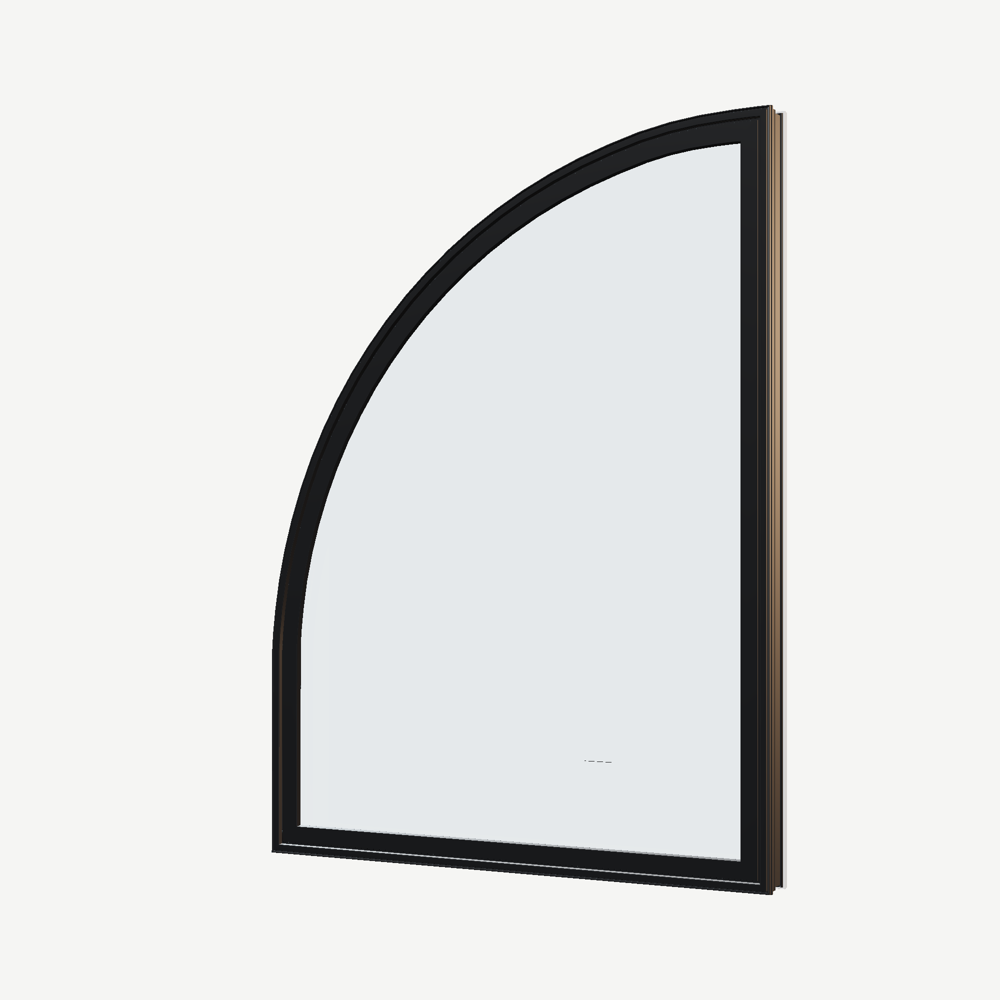 Angled exterior view of the 36 × 48 inch raised quarter round (left), black exterior / white interior, without nailing flange
